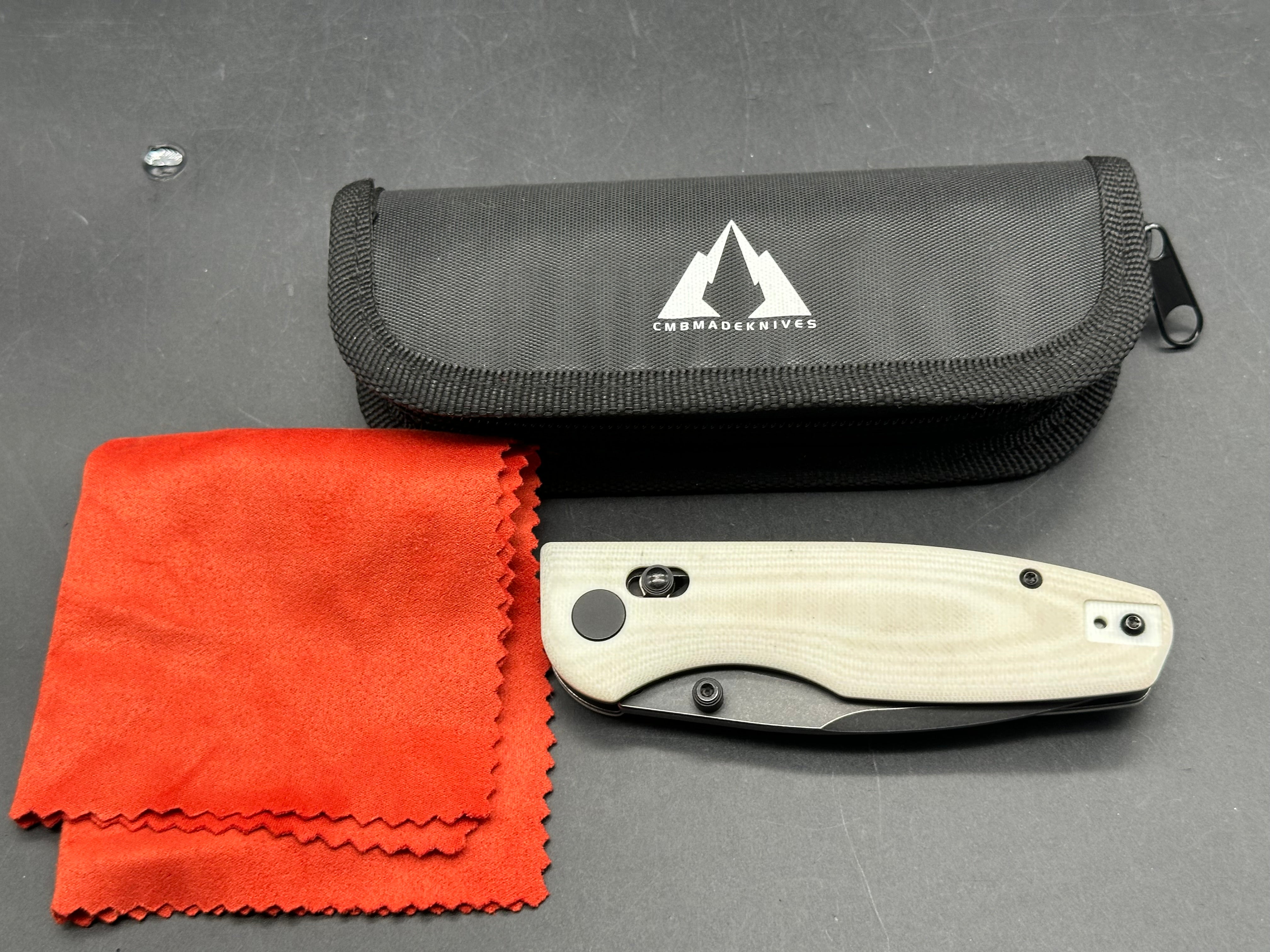 CMB PREDATOR FOLDING KNIFE WHITE G10 HANDLE 14C28N PLAIN EDGE BLACK STONEWASH FINISH