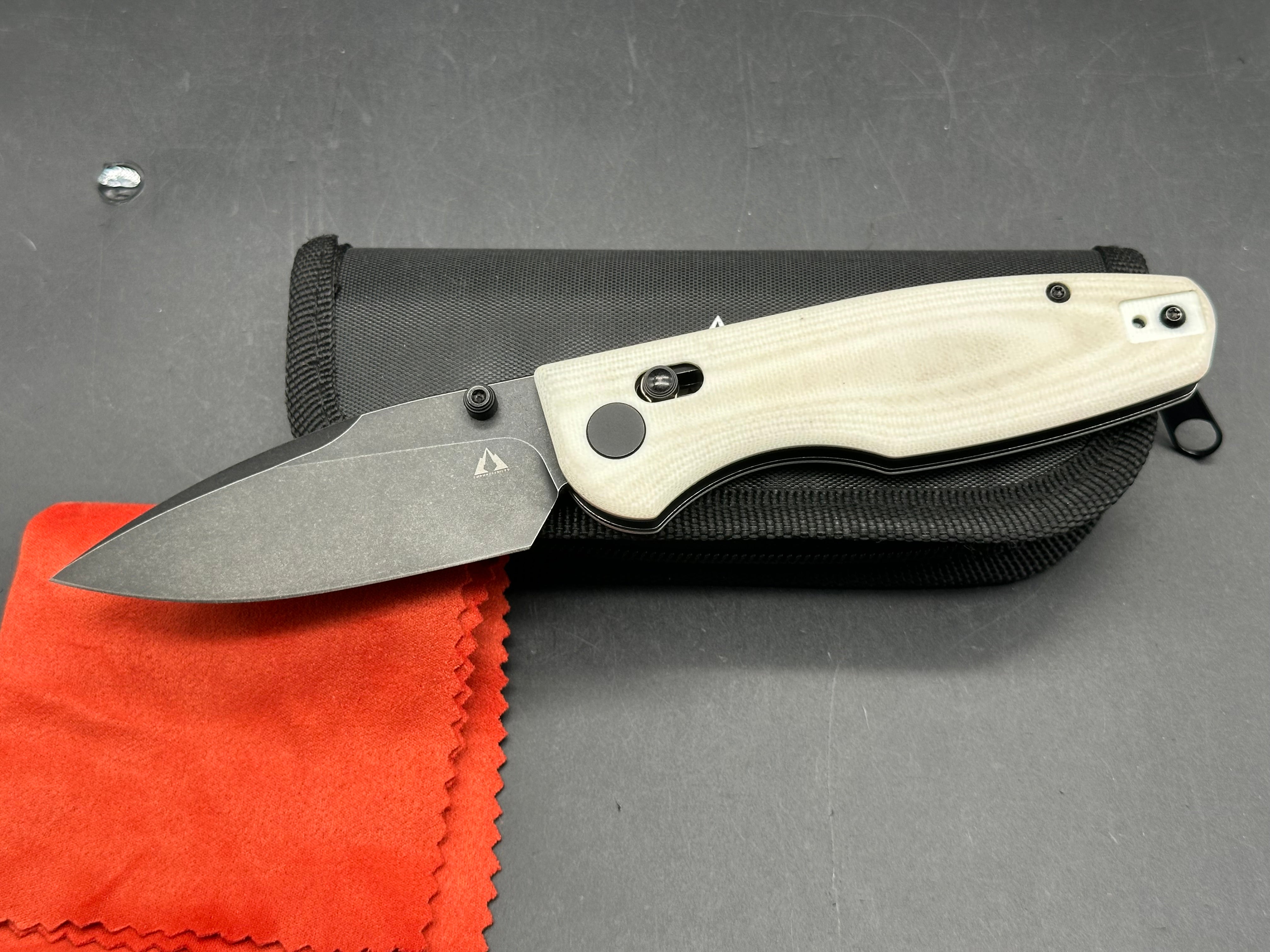 CMB PREDATOR FOLDING KNIFE WHITE G10 HANDLE 14C28N PLAIN EDGE BLACK STONEWASH FINISH