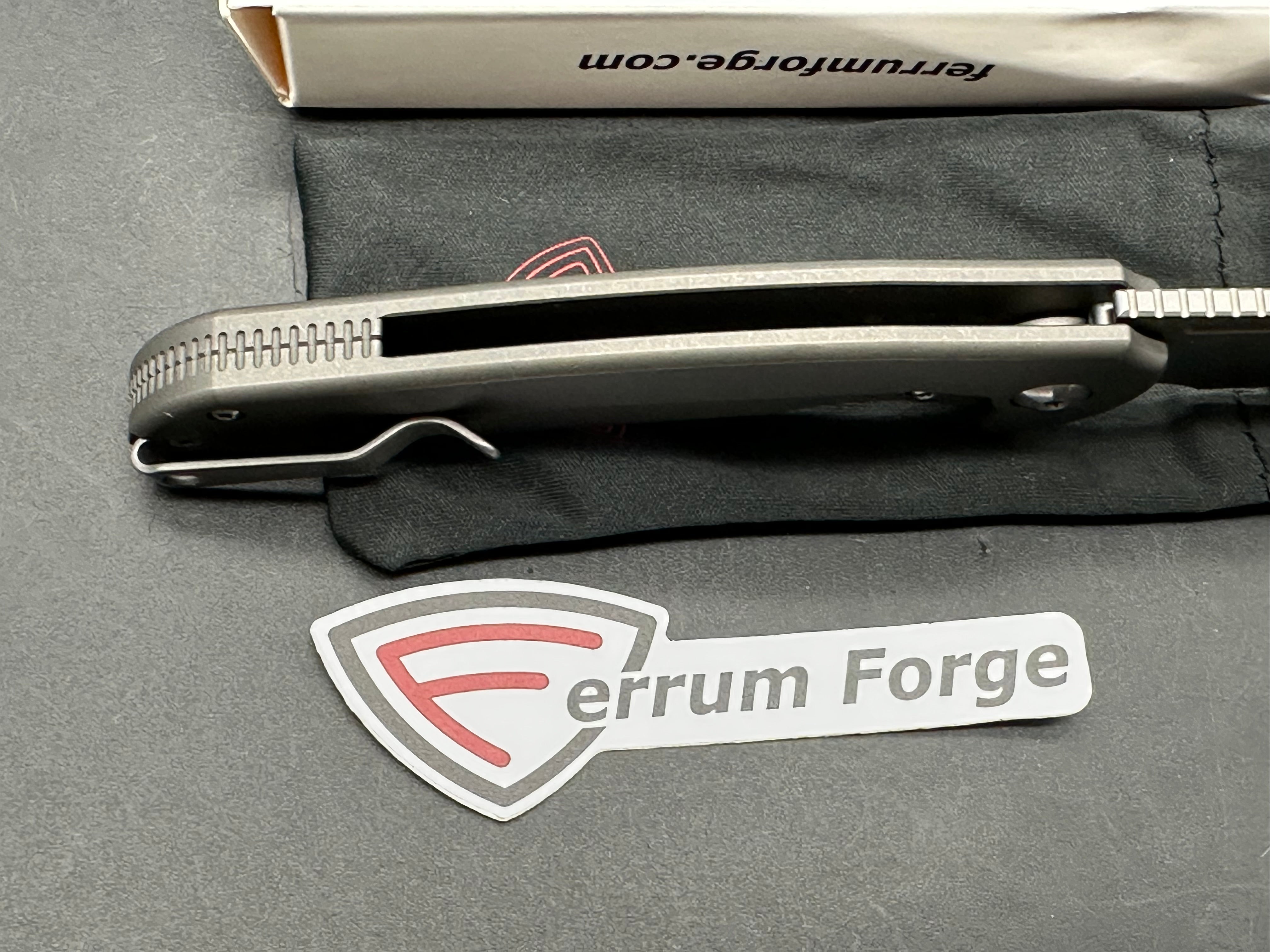 Ferrum Forge Stinger Titanium Framelock, Stonewashed Nitro-V Blade, Dark Stonewashed Titanium Handles with UniCopper Carbon Fiber Inlay