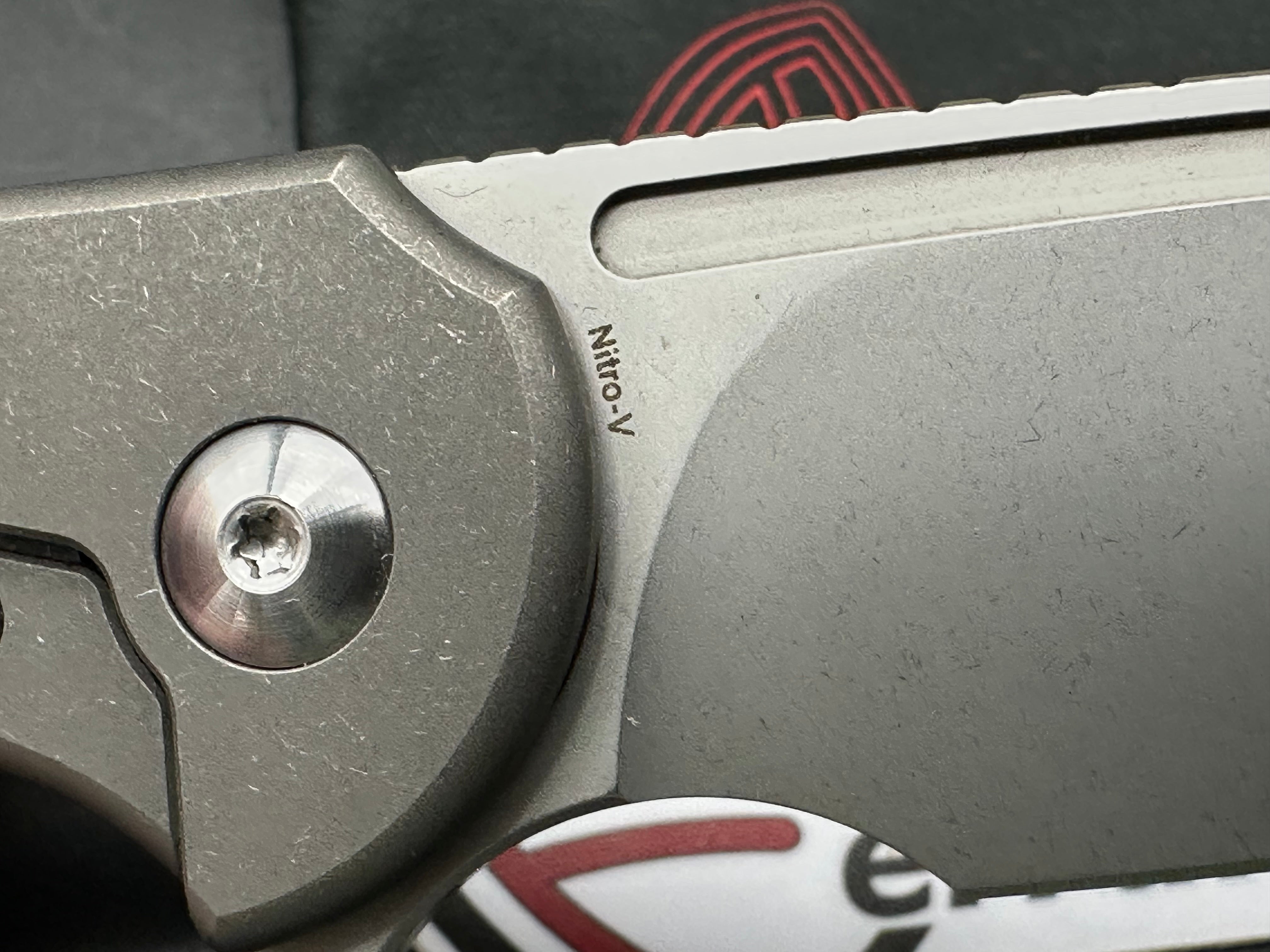Ferrum Forge Stinger Titanium Framelock, Stonewashed Nitro-V Blade, Dark Stonewashed Titanium Handles with UniCopper Carbon Fiber Inlay