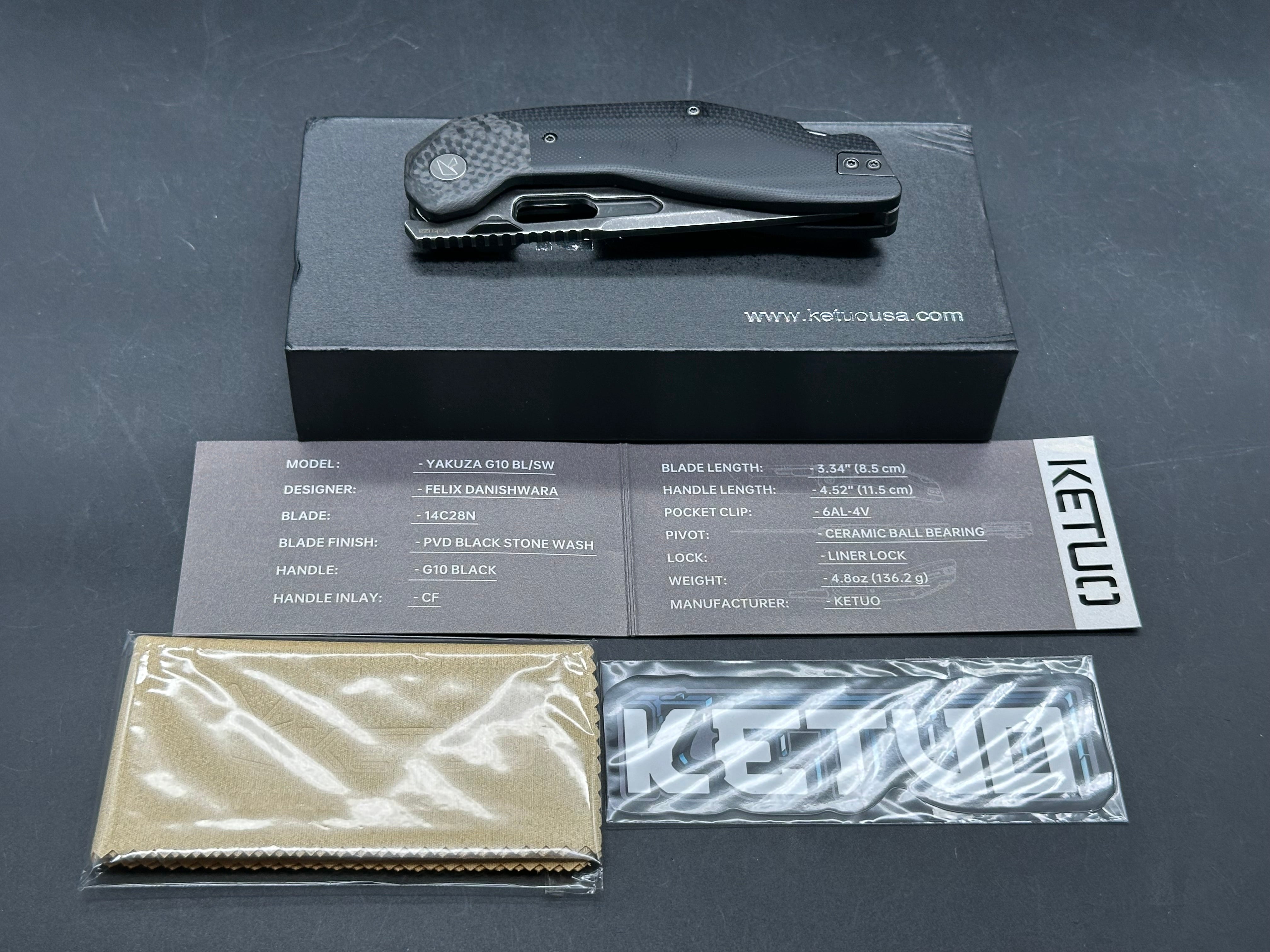 Ketuo Yakuza G-10 V2, Blackwashed 14C28N Blade, Black G-10 Handles with Carbon Fiber Bolsters