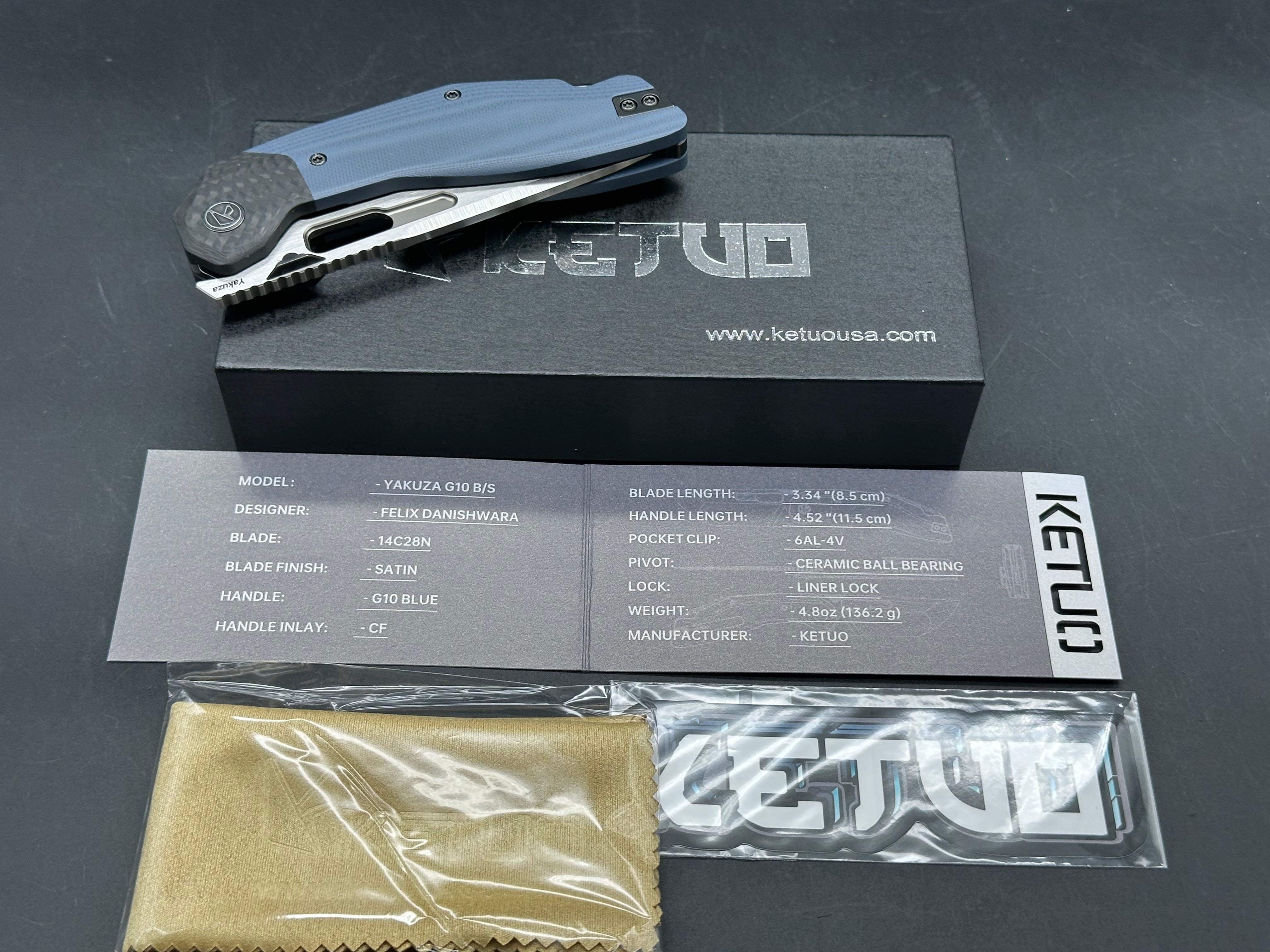 Ketuo Yakuza G-10 V2, Belt Satin14C28N Blade, Blue G-10 Handles with Carbon Fiber Bolsters, Blackwashed Steel Backspacer