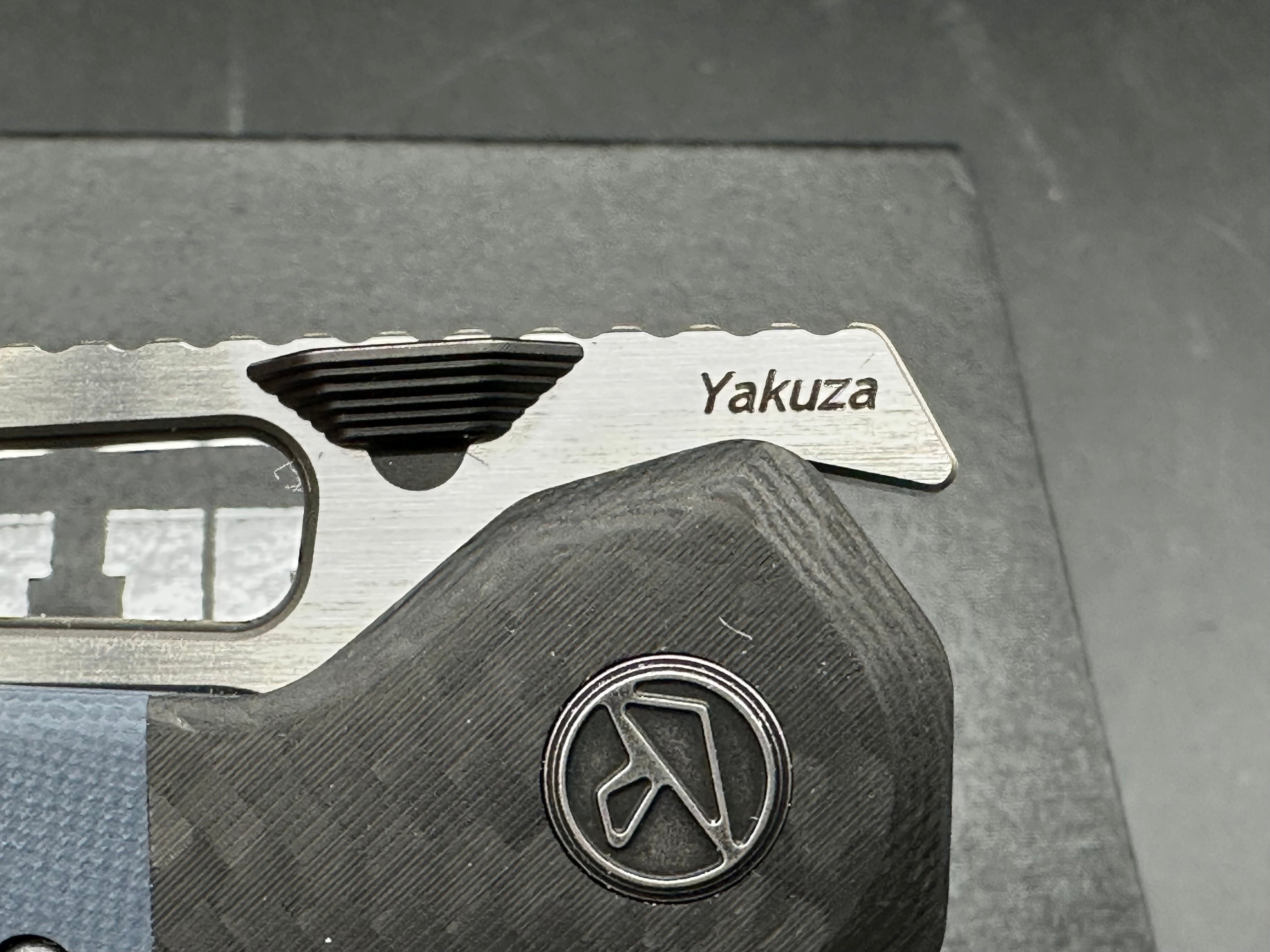 Ketuo Yakuza G-10 V2, Belt Satin14C28N Blade, Blue G-10 Handles with Carbon Fiber Bolsters, Blackwashed Steel Backspacer