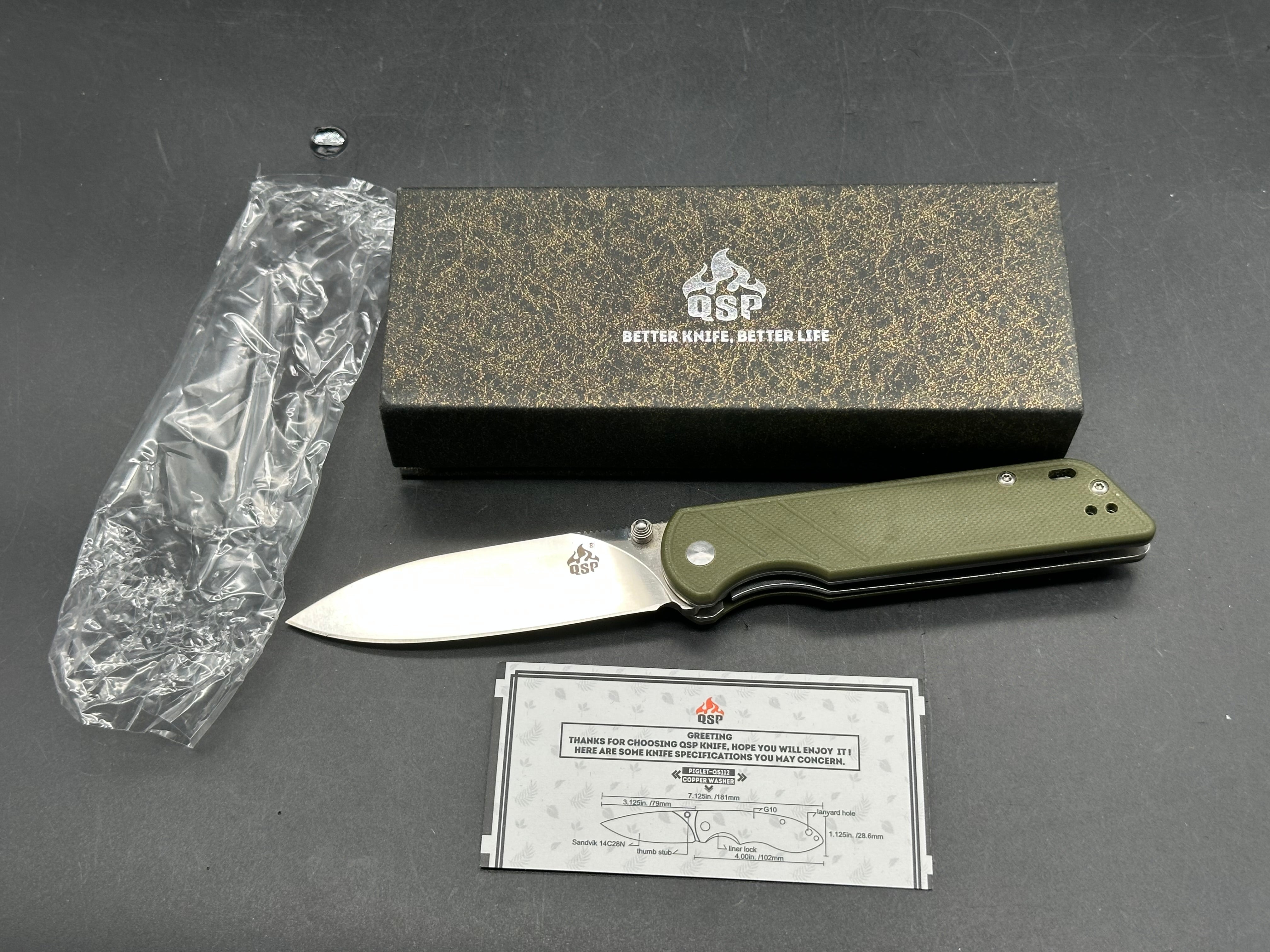 QSP Piglet Liner Lock Knife Green G-10 (3.1" Satin)