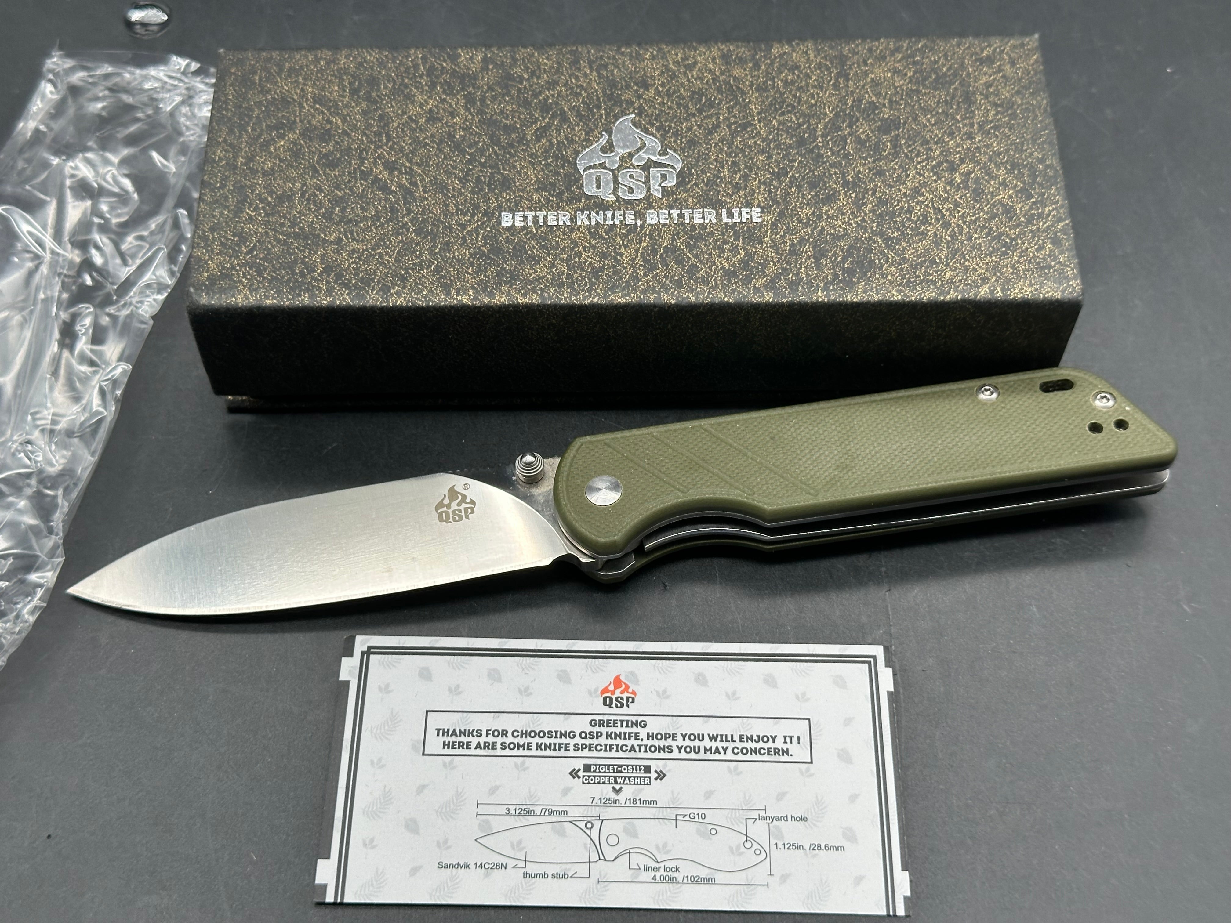 QSP Piglet Liner Lock Knife Green G-10 (3.1" Satin)