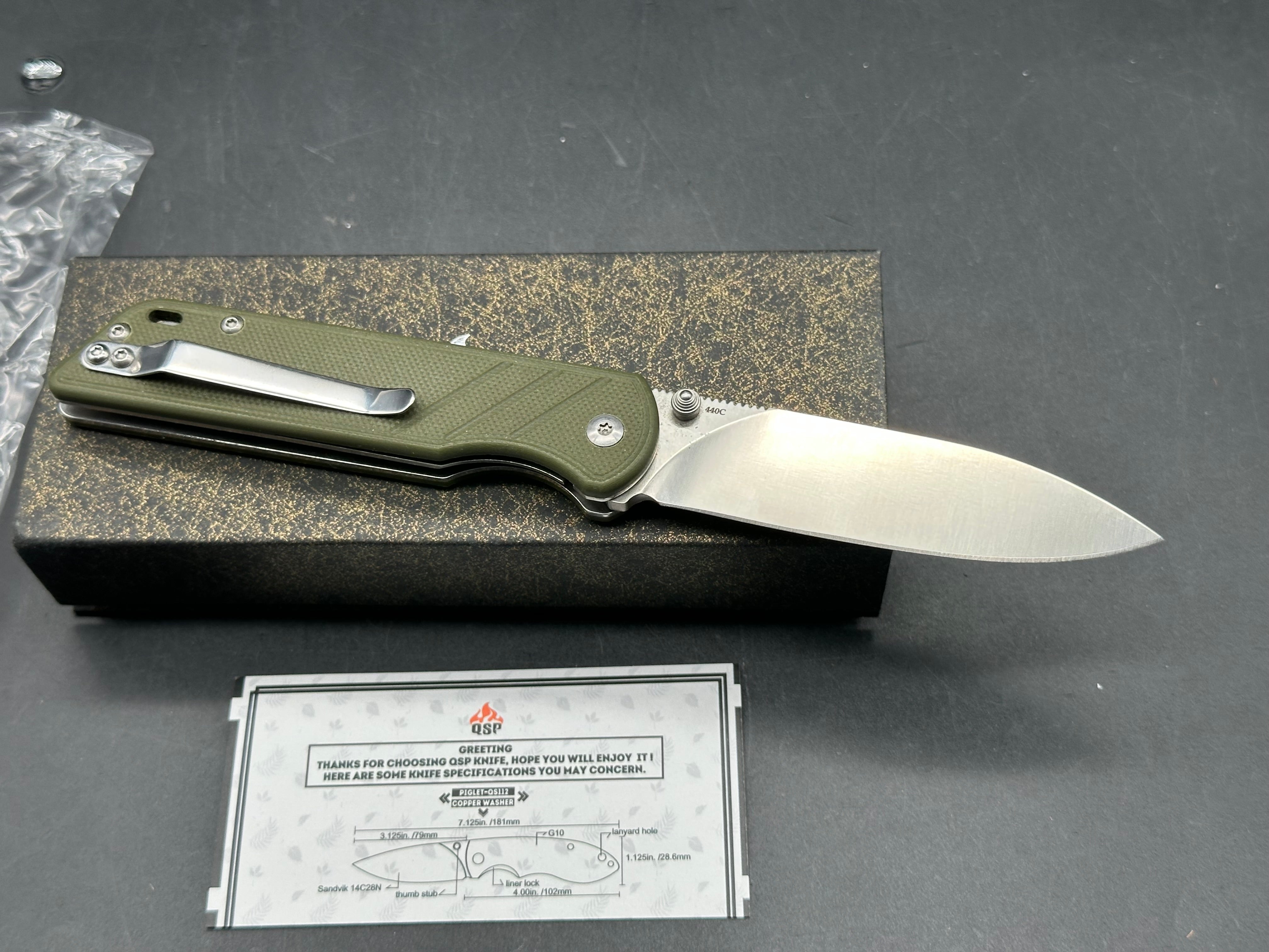 QSP Piglet Liner Lock Knife Green G-10 (3.1" Satin)