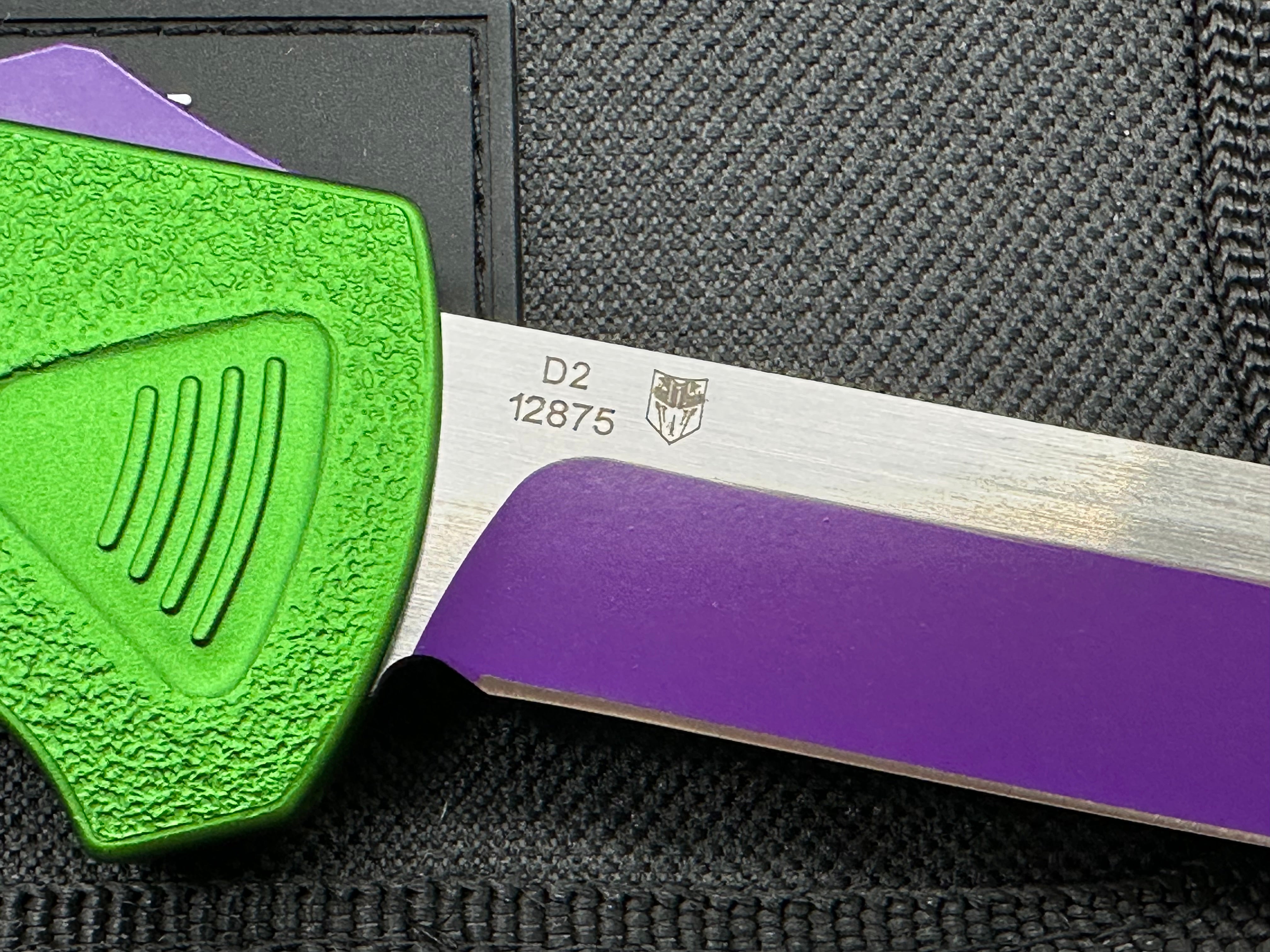 Boker Plus Joker Kalashnikov Bowie D/A OTF 3.5" Purple/Satin D2 Bowie Blade, Green Aluminum w/ Purple Thumb Slide and Hardware