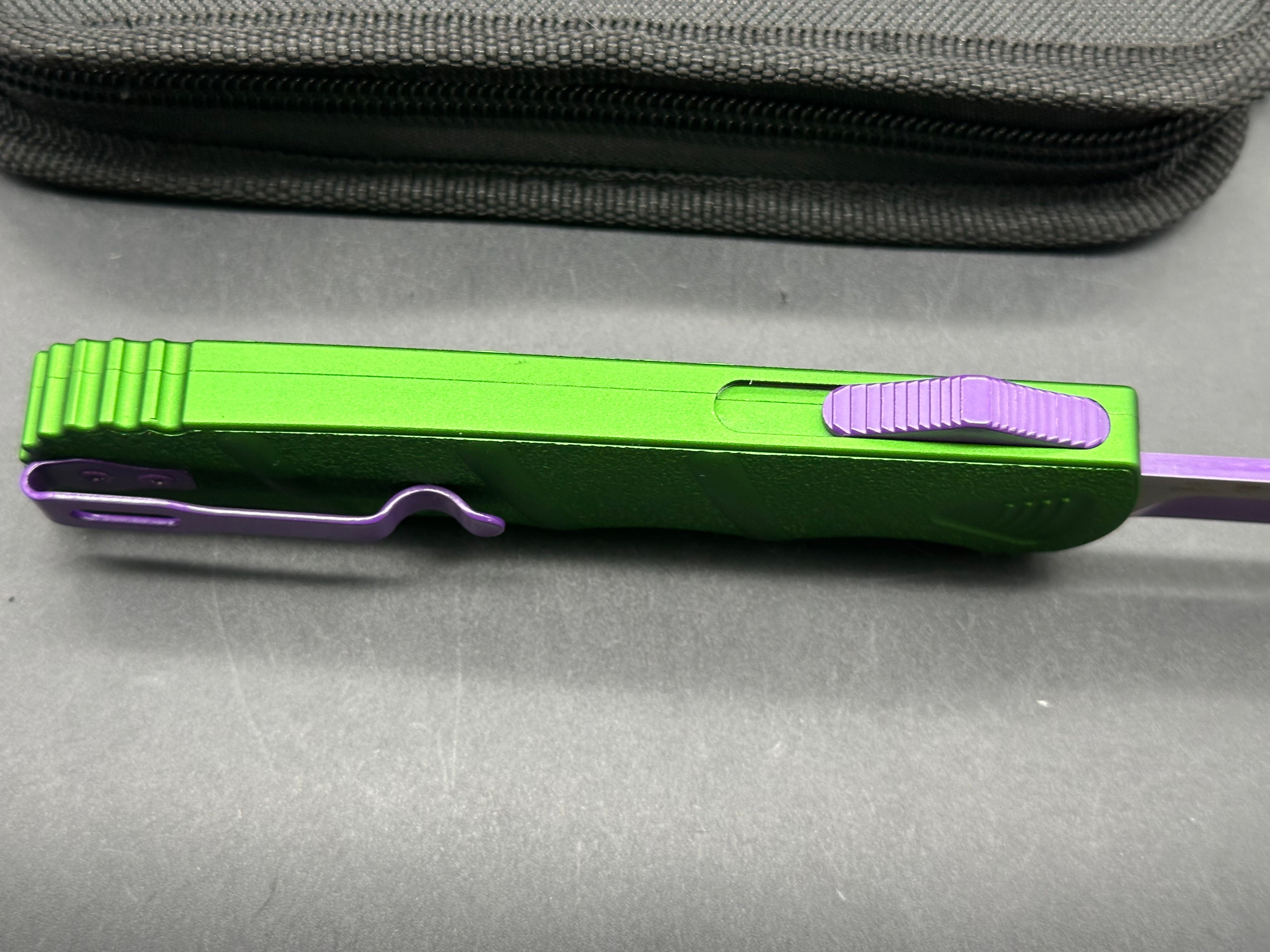 Boker Plus Joker Kalashnikov Bowie D/A OTF 3.5" Purple/Satin D2 Bowie Blade, Green Aluminum w/ Purple Thumb Slide and Hardware