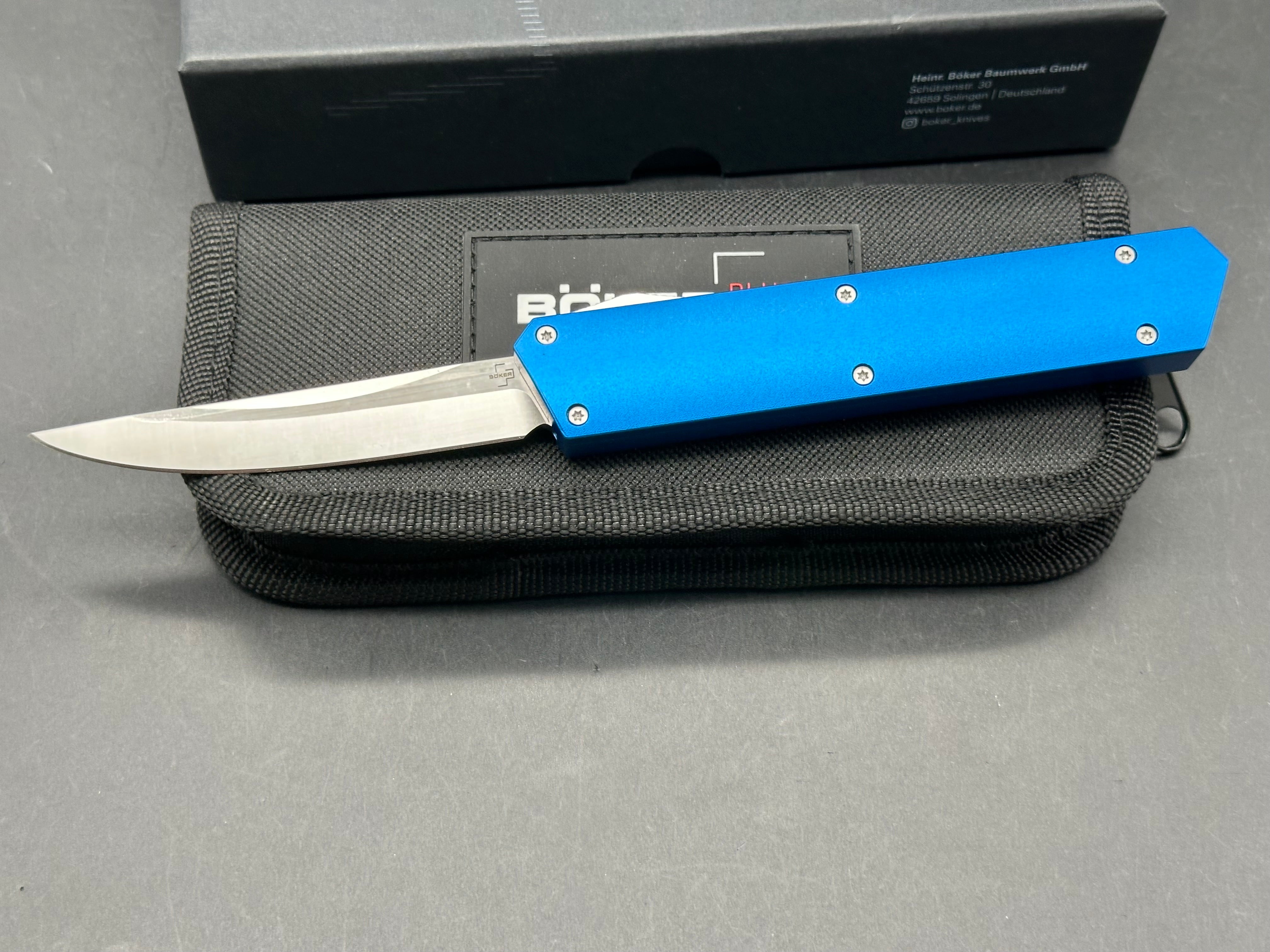 Boker Kwaiken OTF Automatic Knife Blue Aluminum (3.4" Satin)