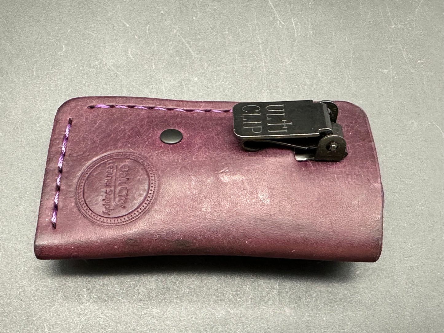 Kaviso QSP Penguin Mini purple TI and Timascus with custom purple Oak City leather slip