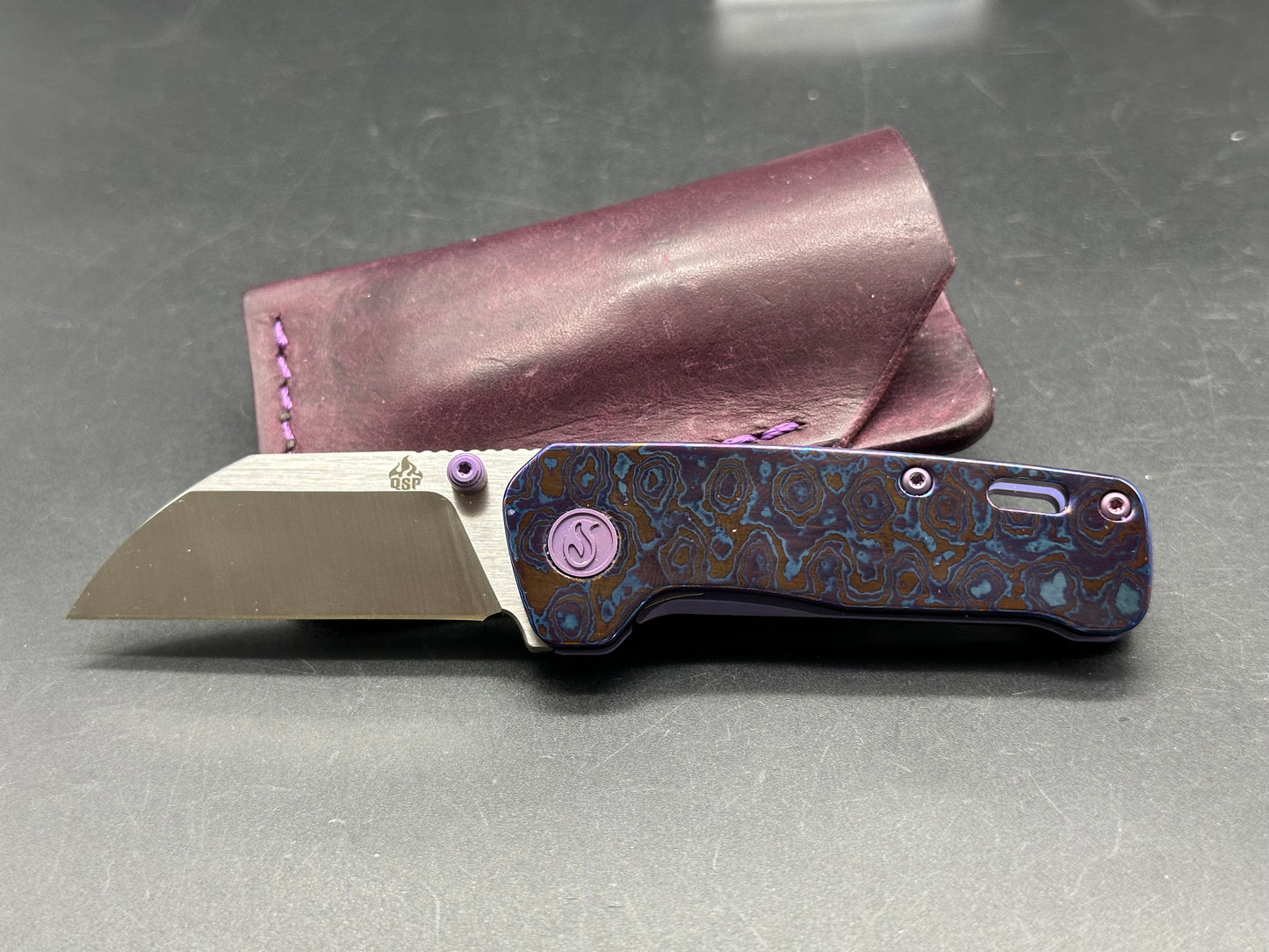 Kaviso QSP Penguin Mini purple TI and Timascus with custom purple Oak City leather slip