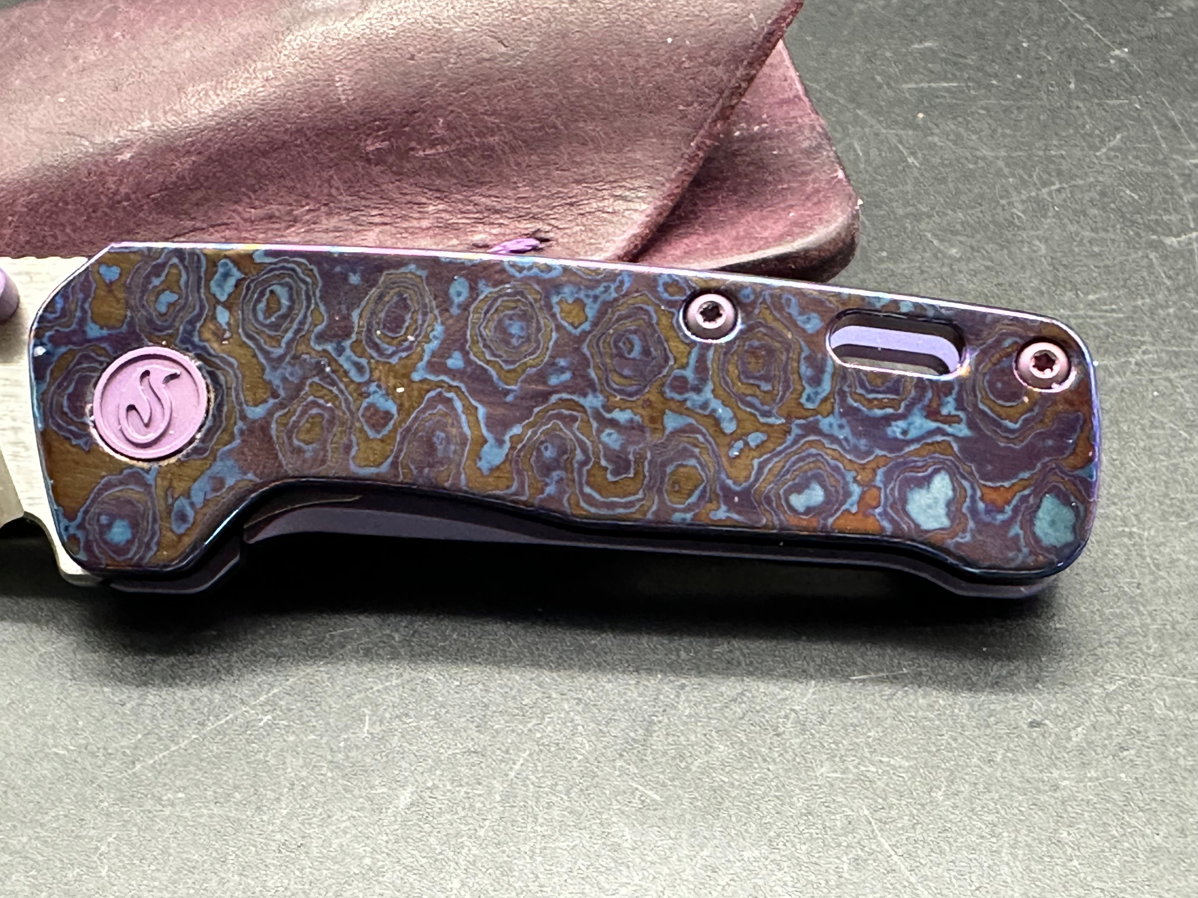 Kaviso QSP Penguin Mini purple TI and Timascus with custom purple Oak City leather slip