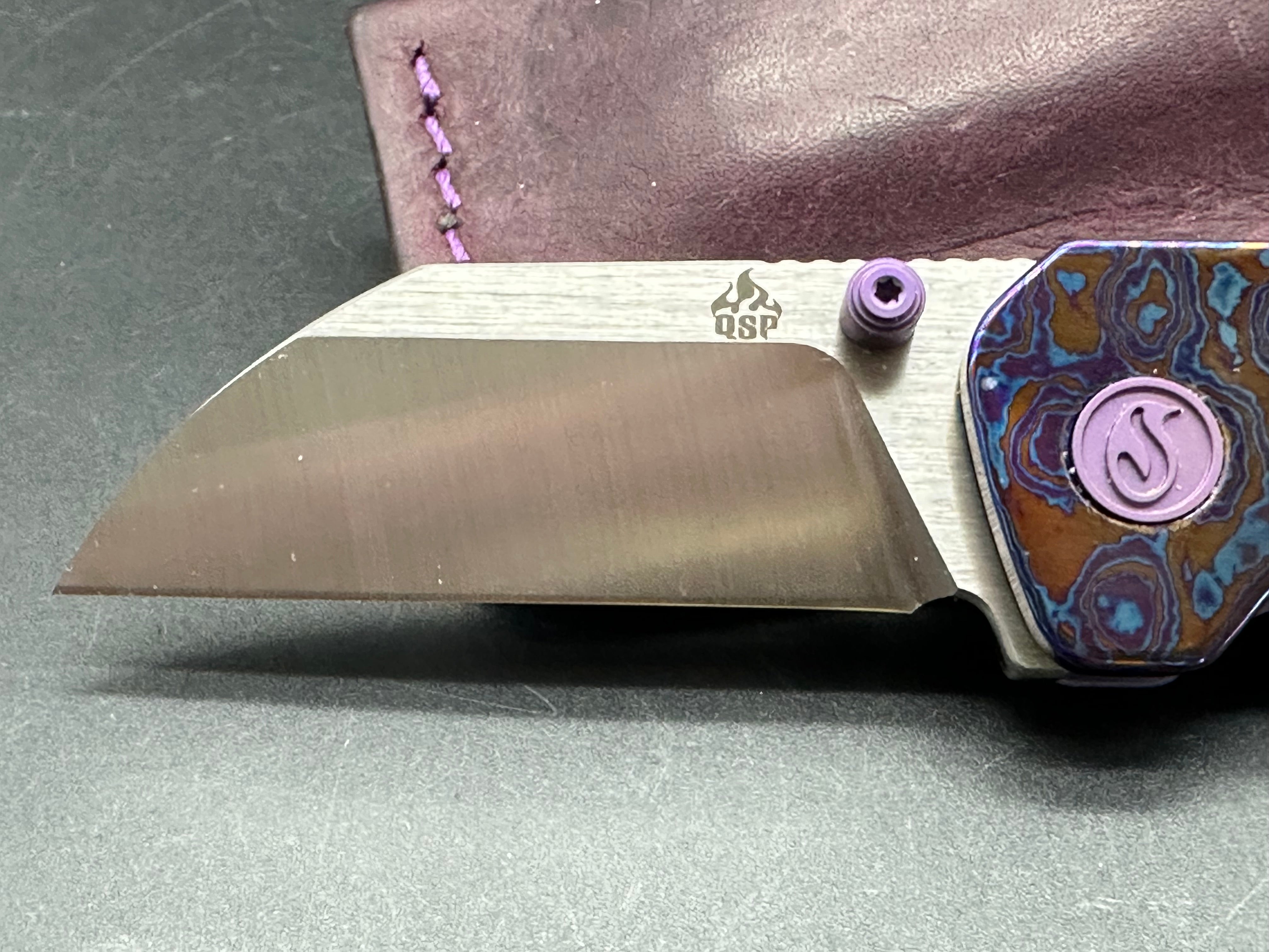 Kaviso QSP Penguin Mini purple TI and Timascus with custom purple Oak City leather slip