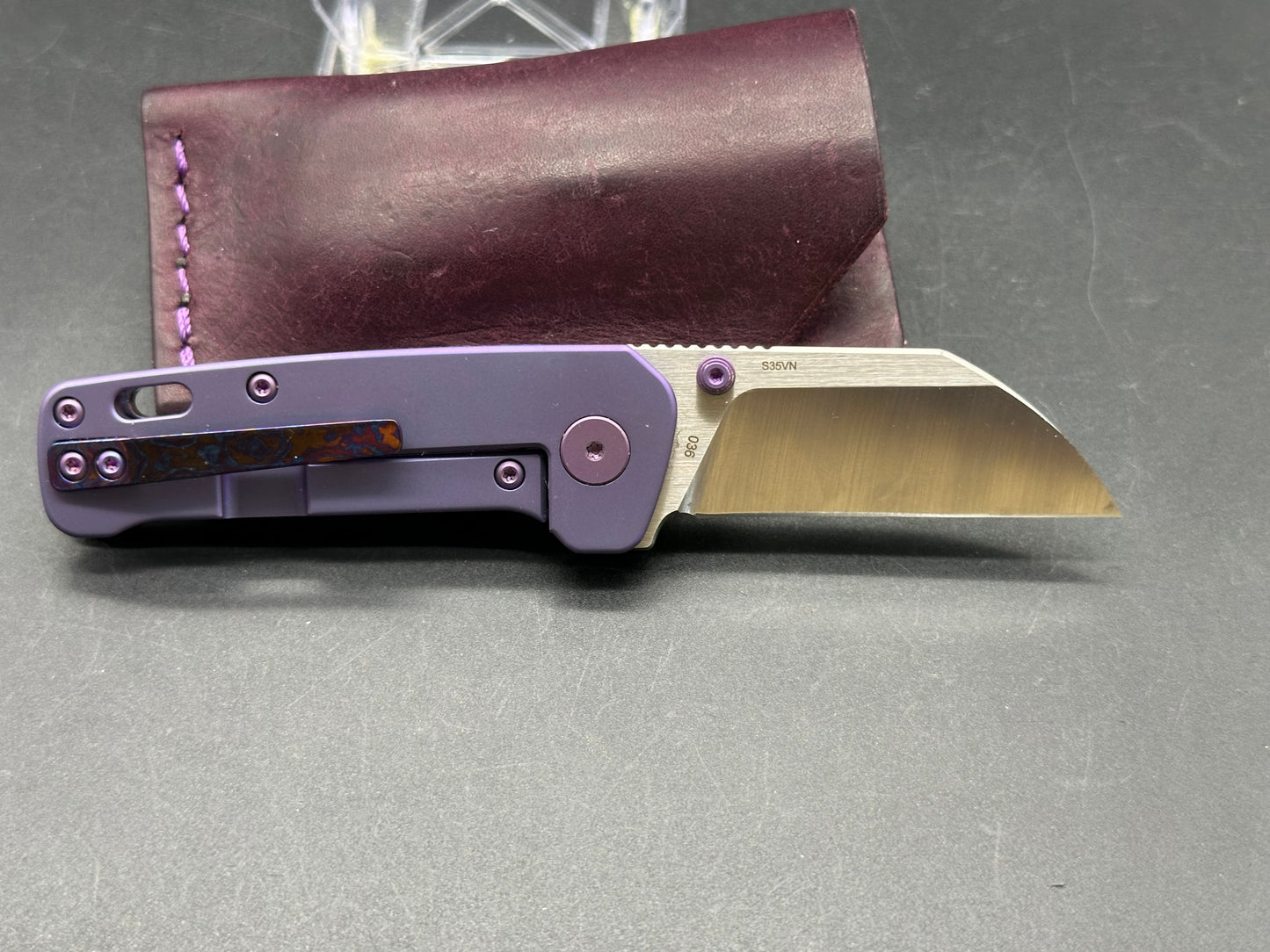 Kaviso QSP Penguin Mini purple TI and Timascus with custom purple Oak City leather slip