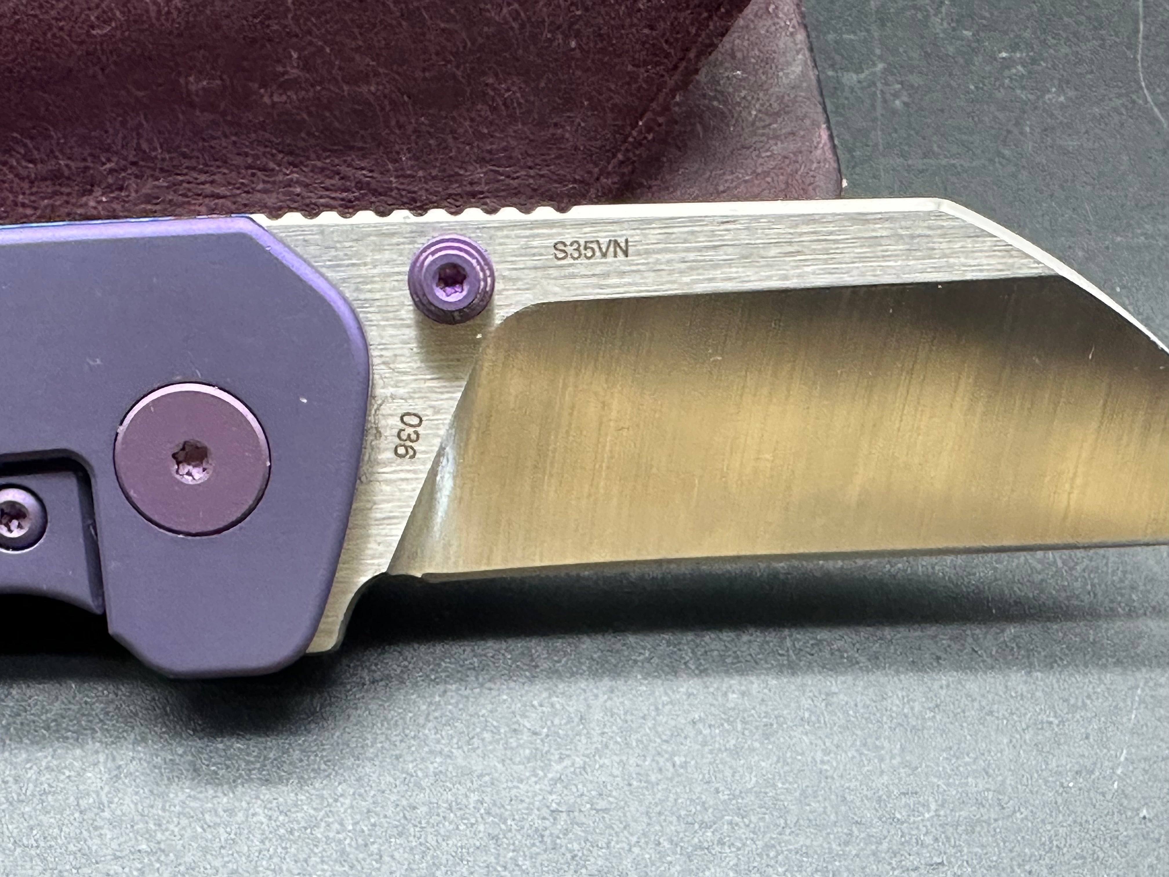 Kaviso QSP Penguin Mini purple TI and Timascus with custom purple Oak City leather slip