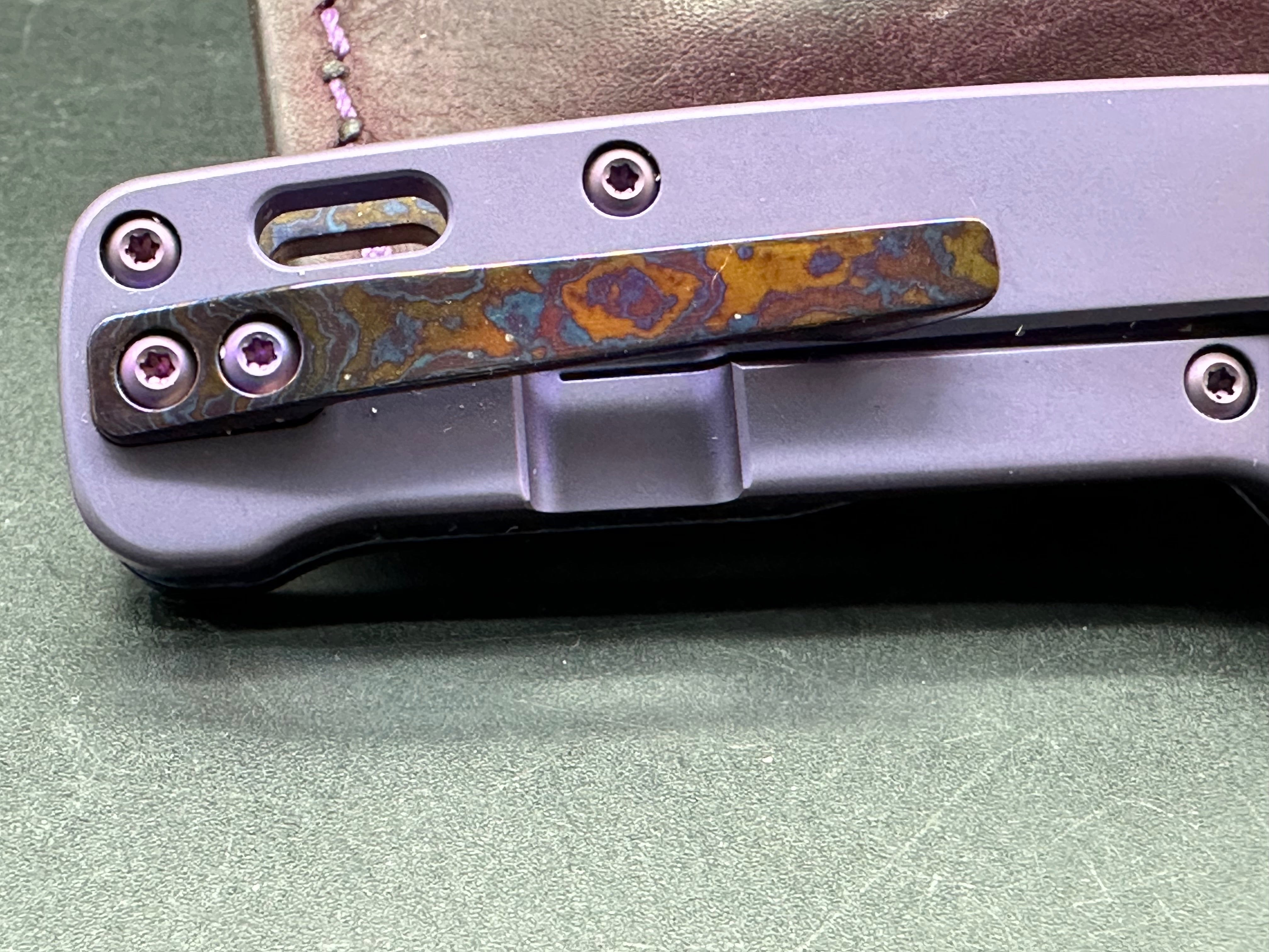 Kaviso QSP Penguin Mini purple TI and Timascus with custom purple Oak City leather slip