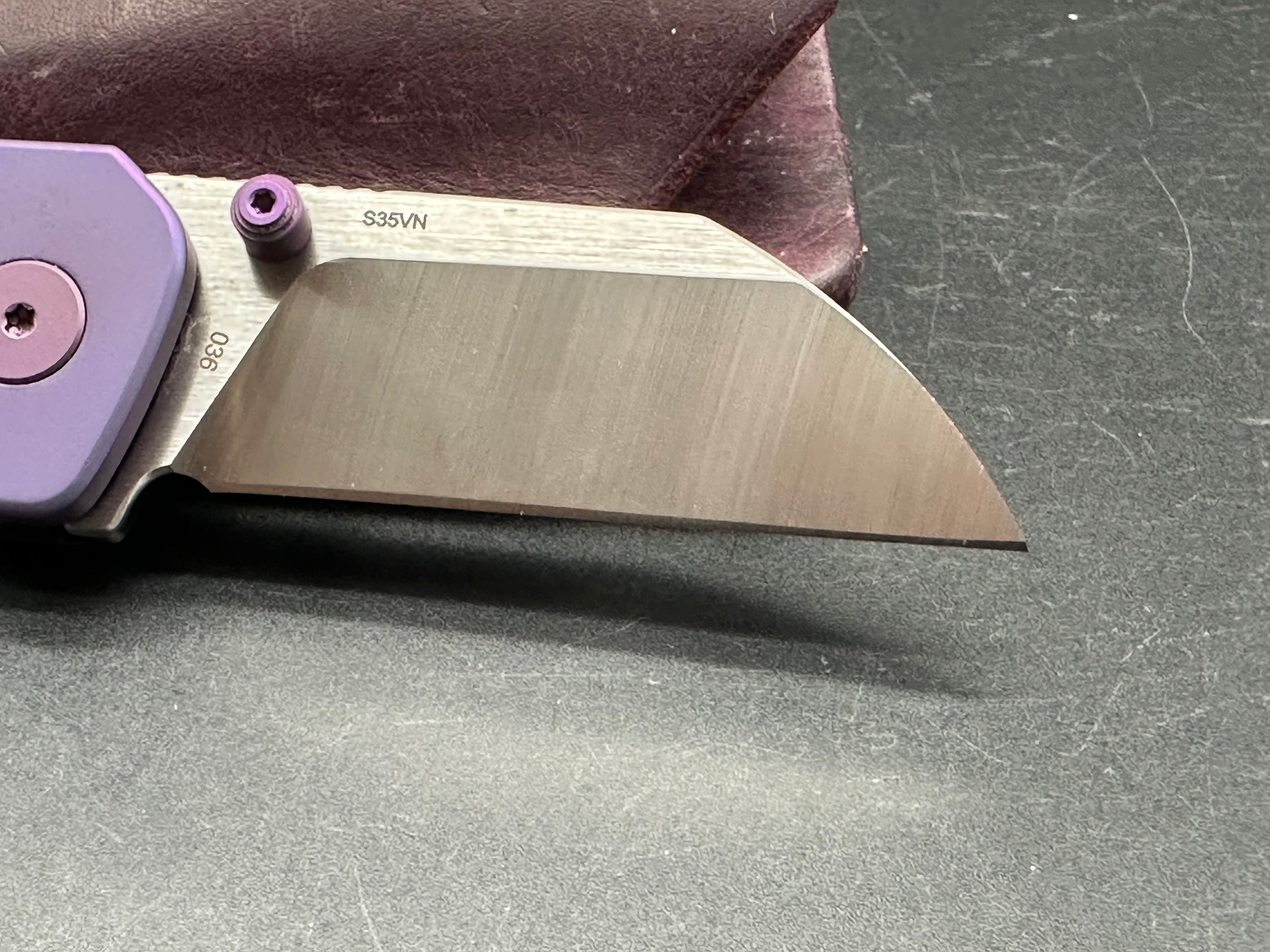 Kaviso QSP Penguin Mini purple TI and Timascus with custom purple Oak City leather slip