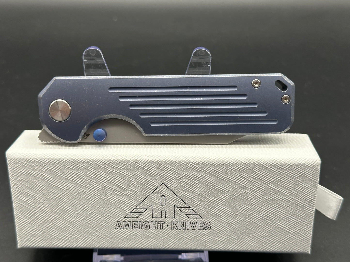 MIGURON AMEIGHT GLADIATOR II FOLDING KNIFE BLUE TITANIUM HANDLE S90V PLAIN EDGE