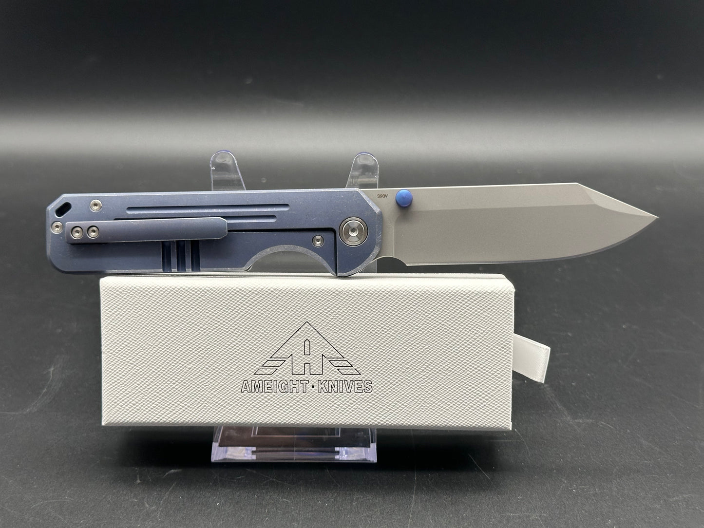 MIGURON AMEIGHT GLADIATOR II FOLDING KNIFE BLUE TITANIUM HANDLE S90V PLAIN EDGE