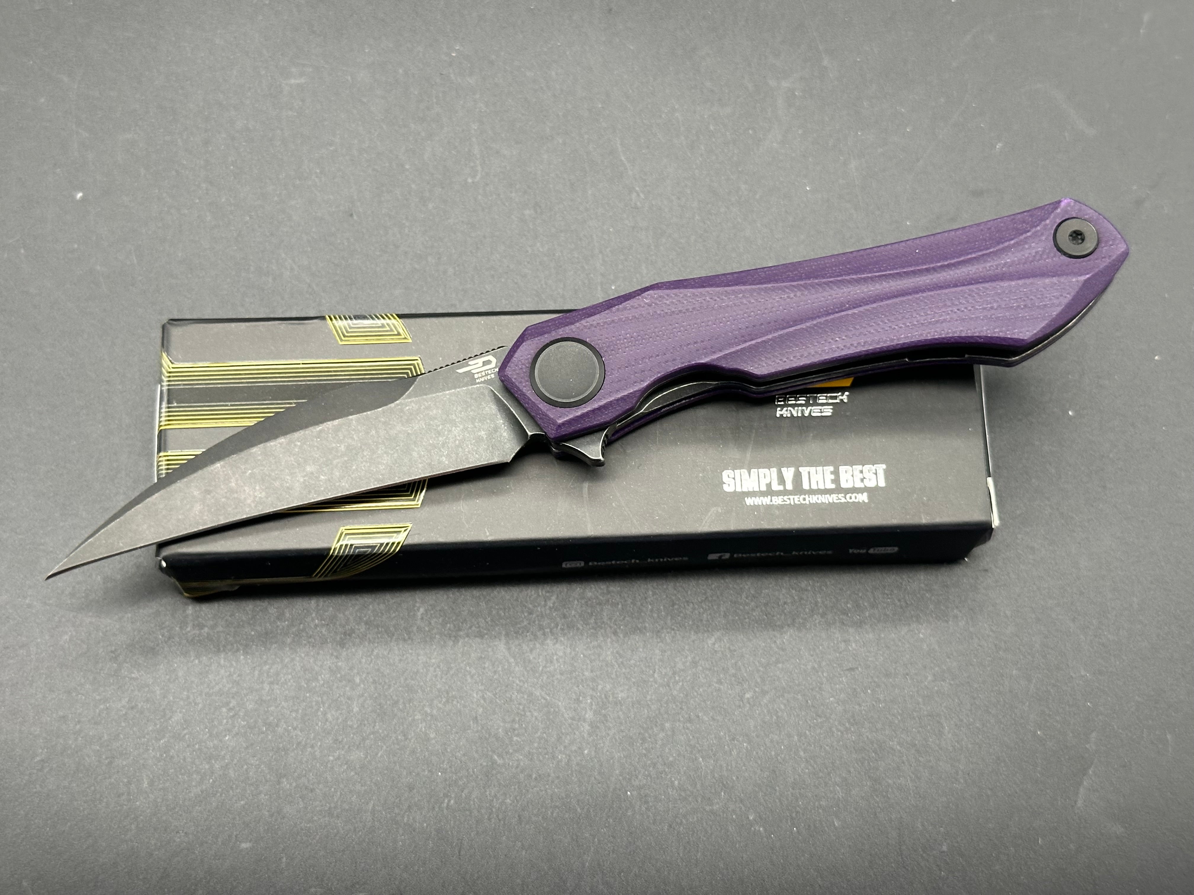 BESTECH IVY FOLDING KNIFE TIFFANY PURPLE G10 HANDLE 14C28N PLAIN EDGE BLACK STONEWASH