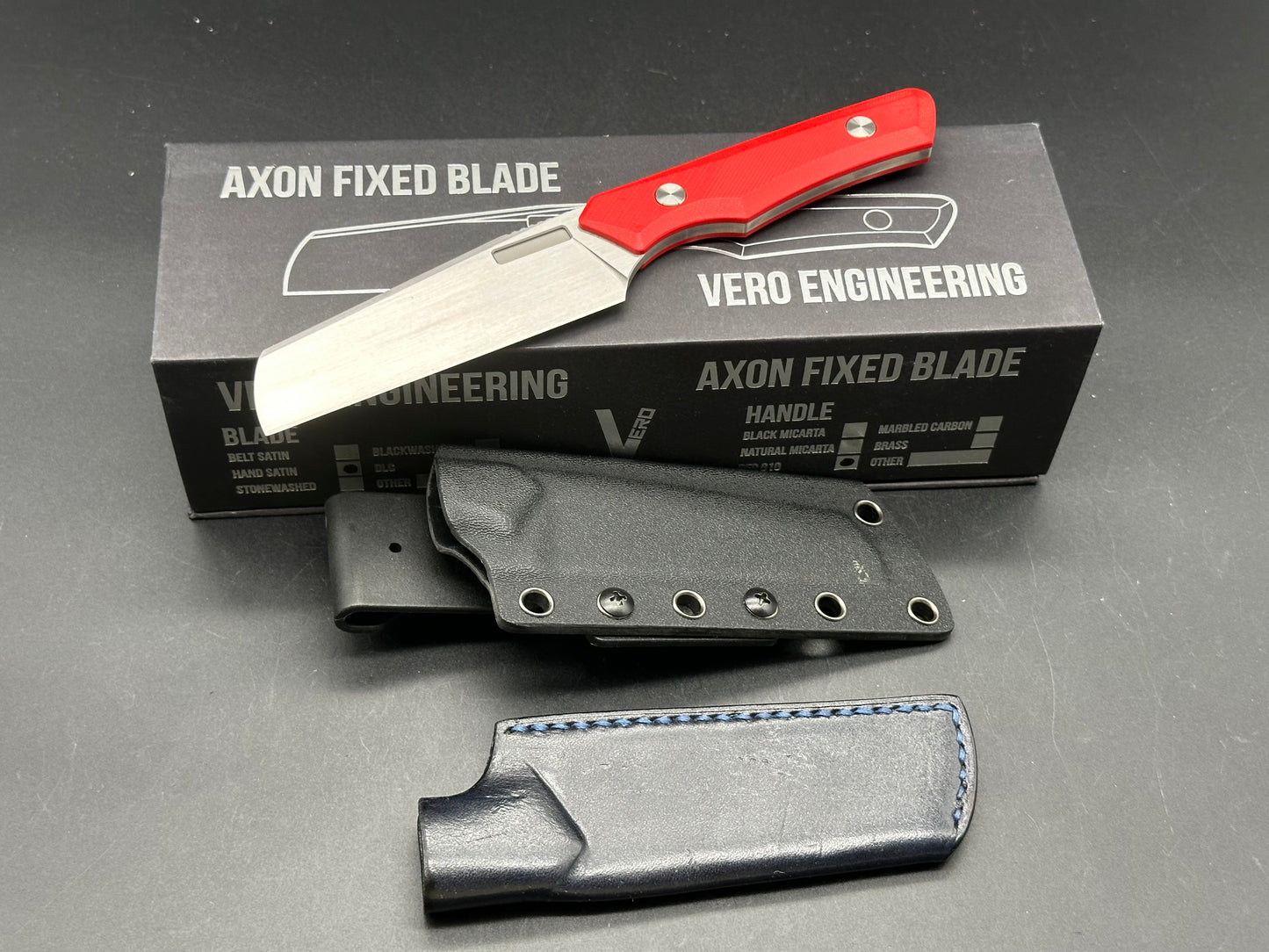 Vero Axon Fixie Red G10 Scales Hand Satin M390 Kydex Sheath