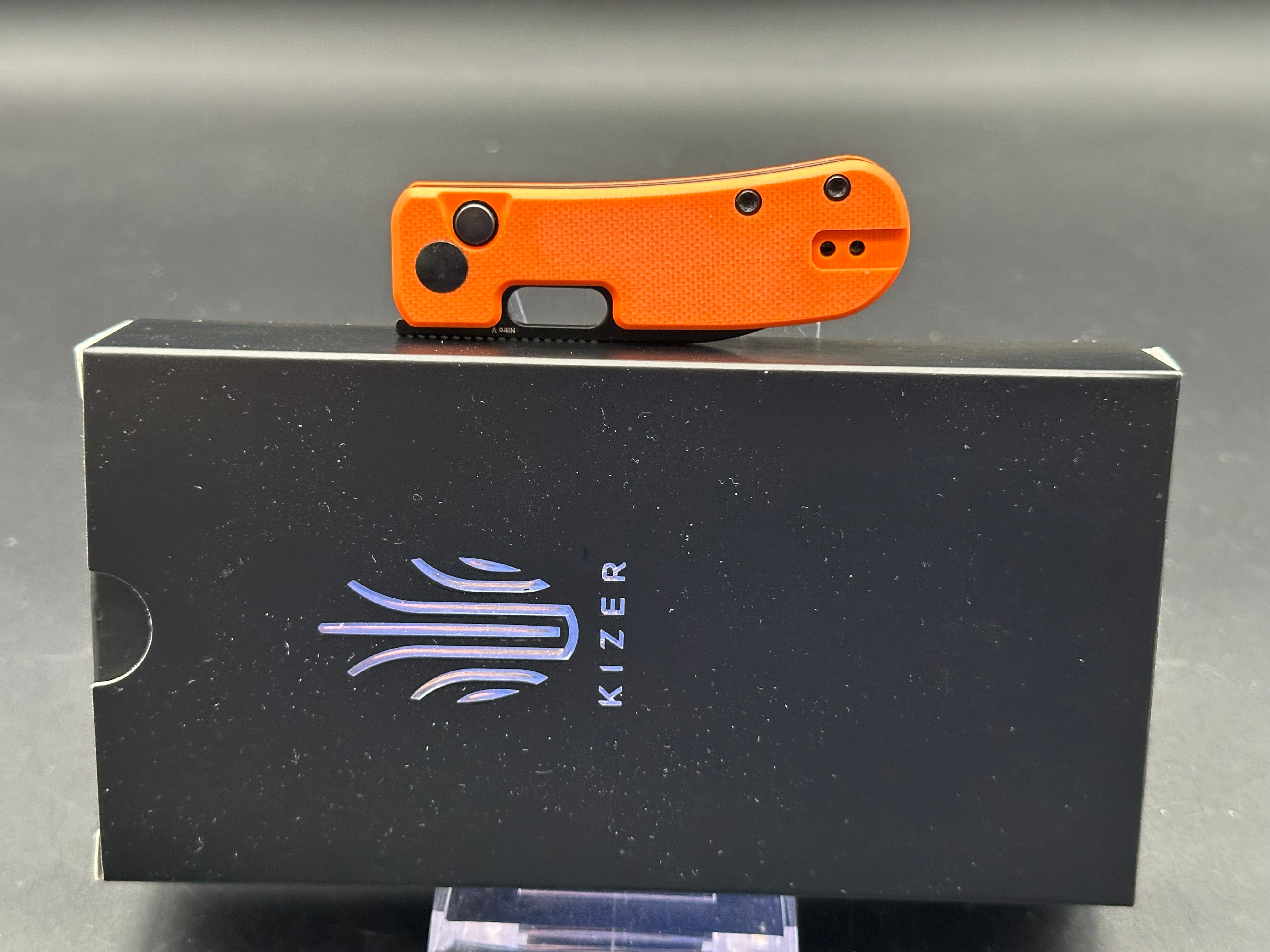 Kizer Banish Nitro V Blade Button Lock Orange Textured G10 Handle