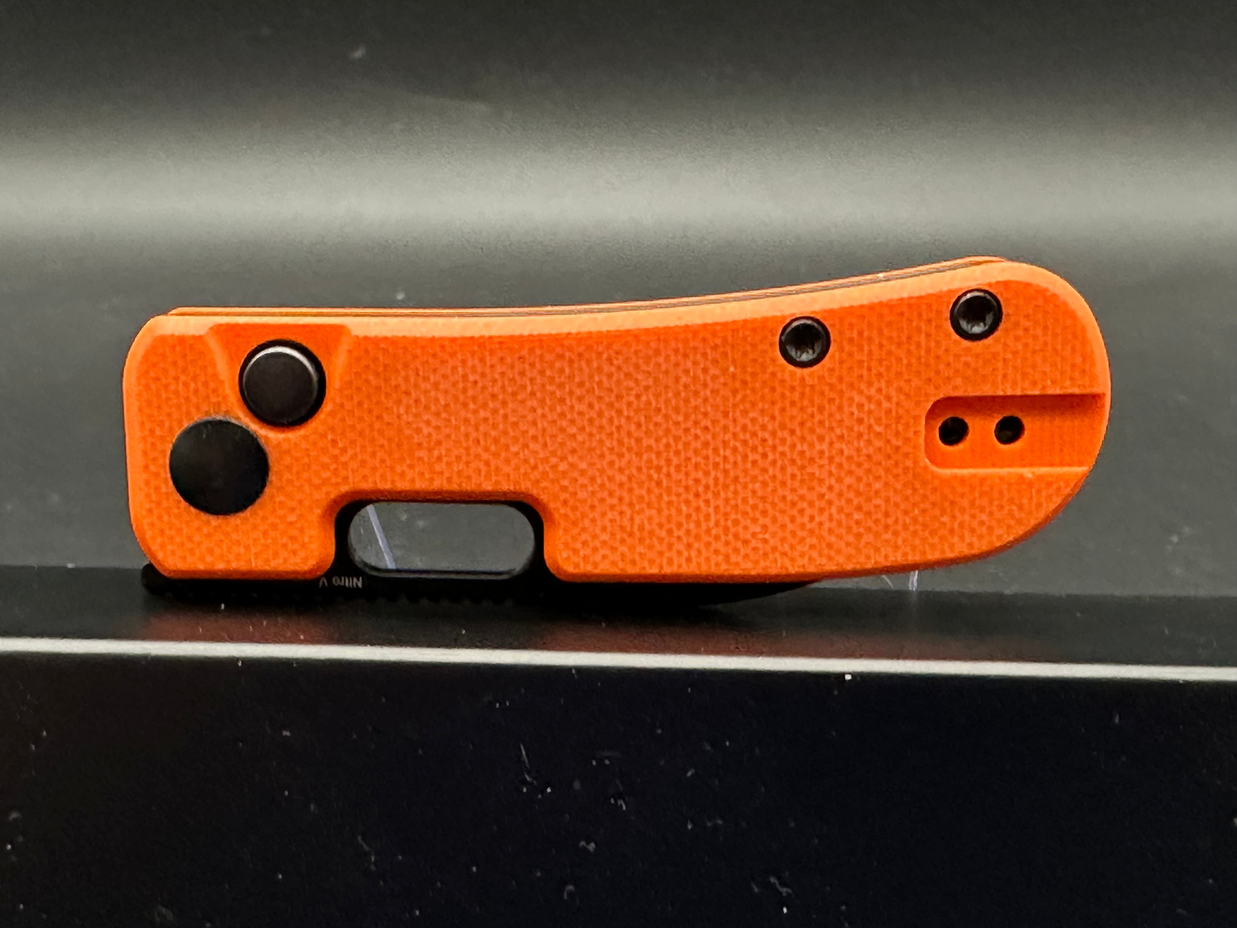 Kizer Banish Nitro V Blade Button Lock Orange Textured G10 Handle