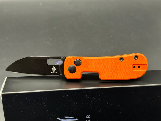 Kizer Banish Nitro V Blade Button Lock Orange Textured G10 Handle