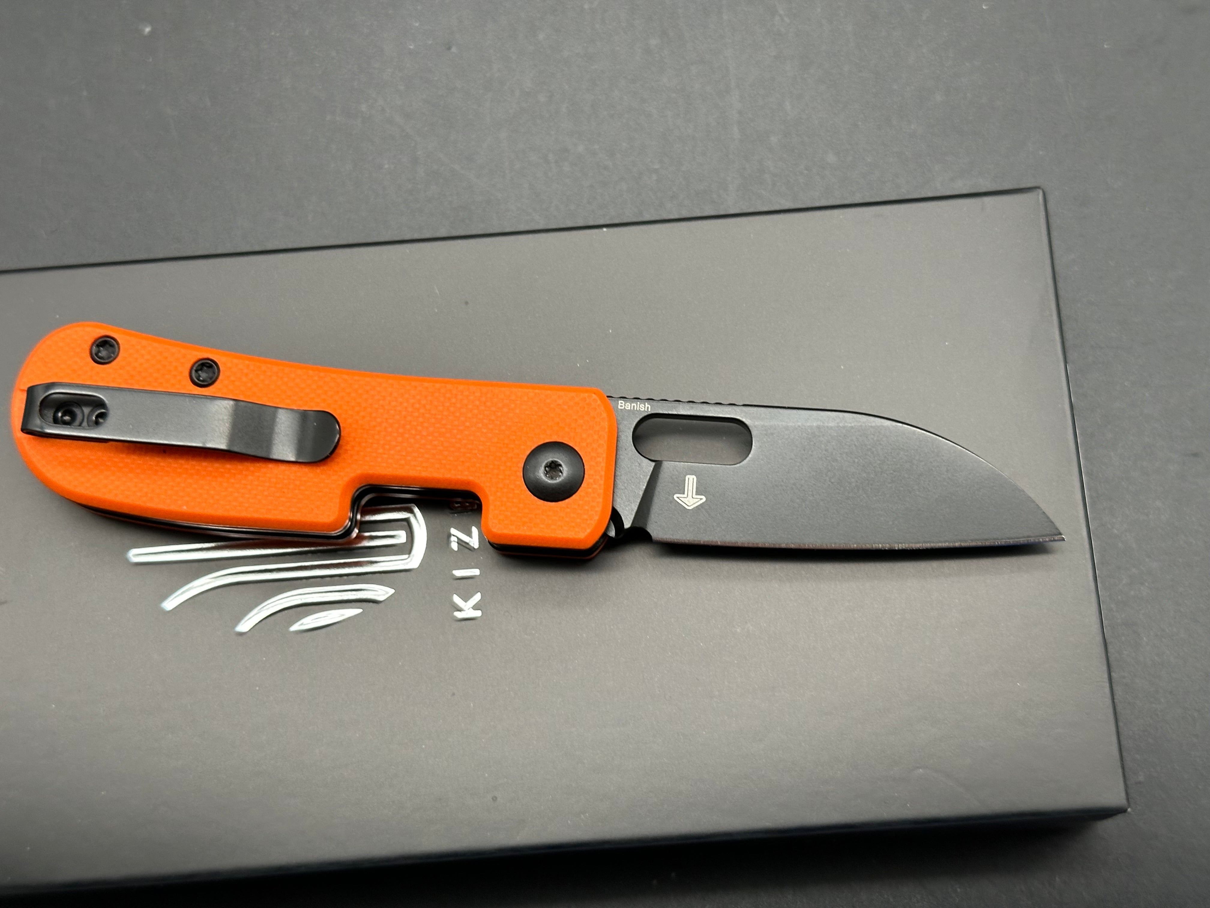 Kizer Banish Nitro V Blade Button Lock Orange Textured G10 Handle