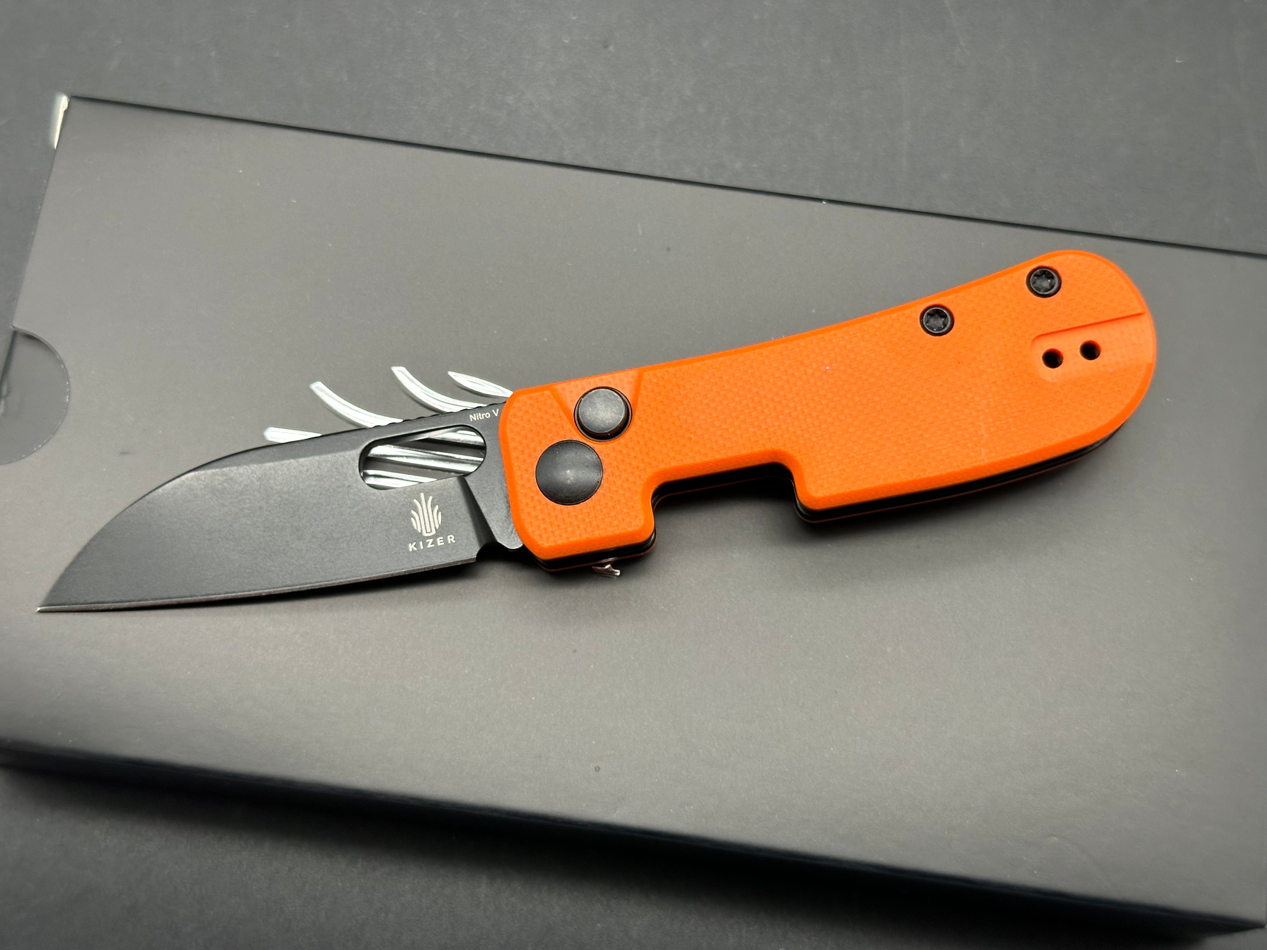 Kizer Banish Nitro V Blade Button Lock Orange Textured G10 Handle