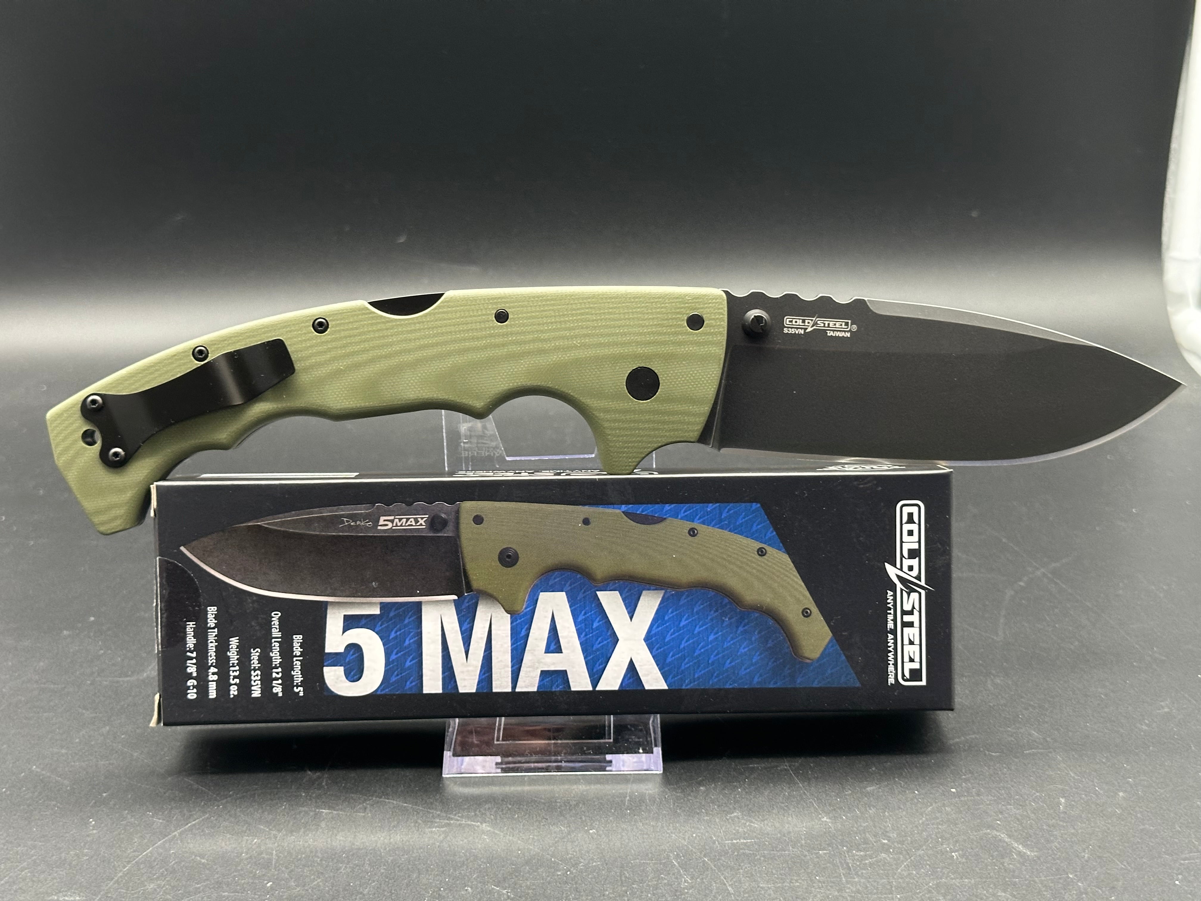 COLD STEEL 5 MAX LOCKBACK OD GREEN G10 HANDLE S35VN PLAIN EDGE BLACK STONEWASH FINISH