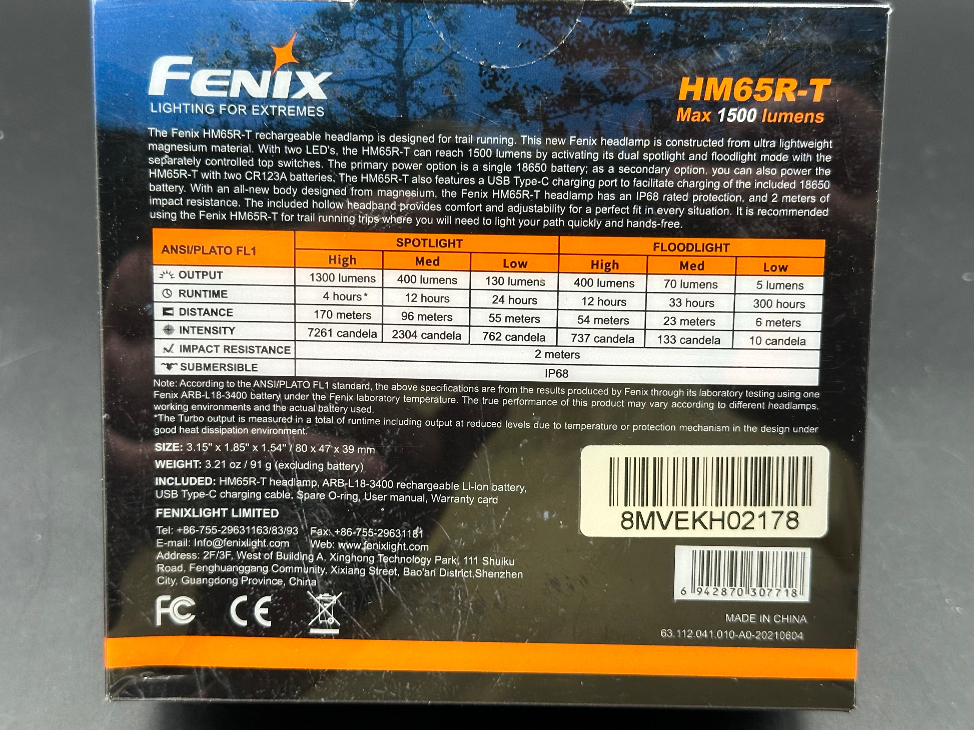 Fenix HM65R-T 18650 battery 1600 Lumens