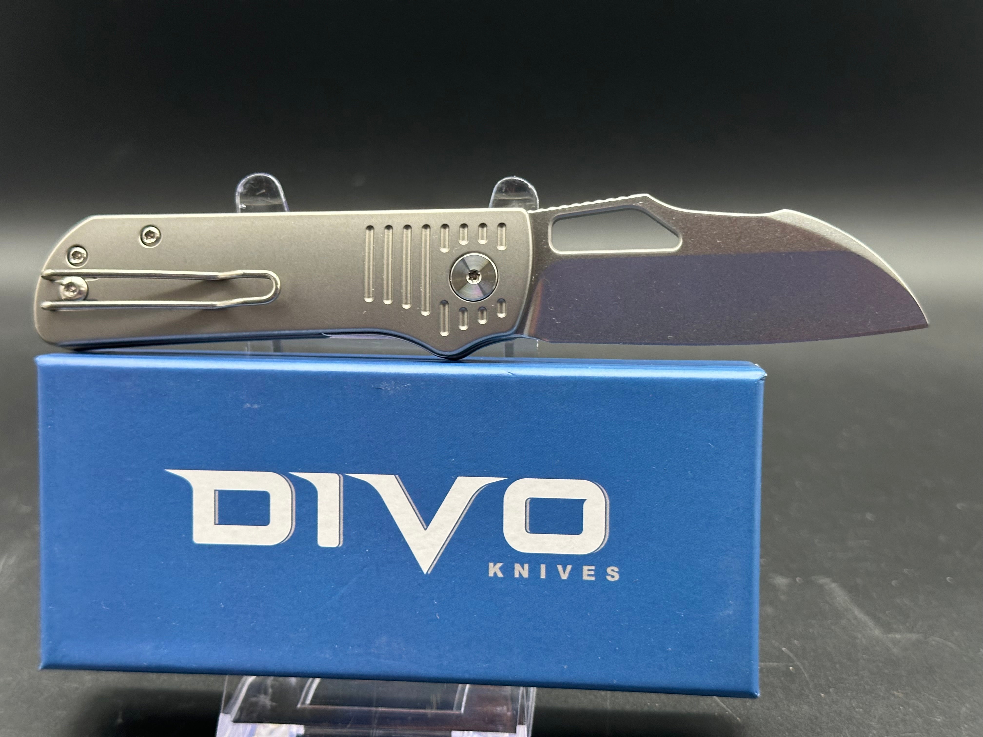 DIVO KNIVES PREMIUM PONY STOUT FOLDING KNIFE BEADBLASTED STONEWASHED TITANIUM HANDLE STONEWASHED S90V STEEL