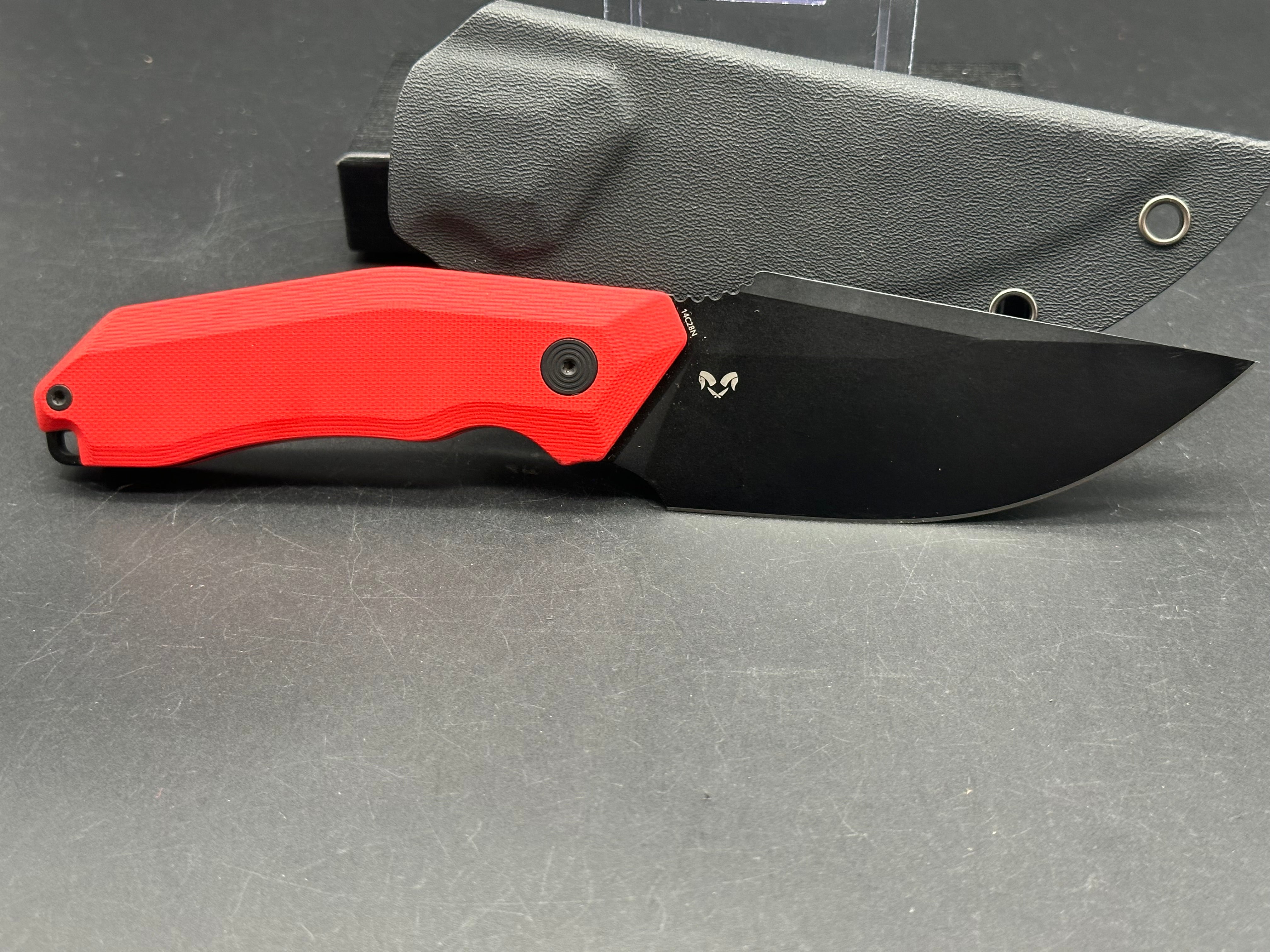 Kubey Basilisk Fixed Blade Knife Red G-10 Handle 4.06'' Blackwashed 14C28N Blade