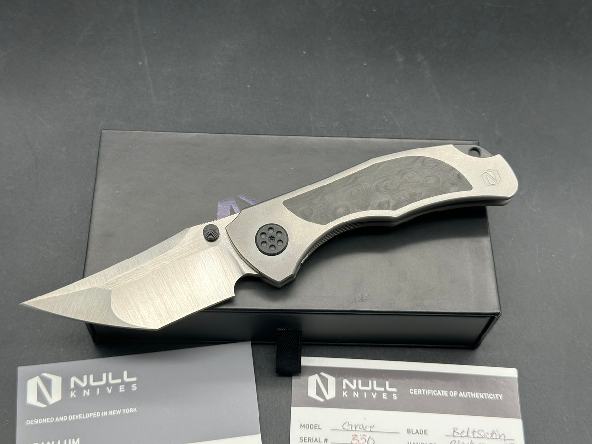 Null Knives Grace #330, Belt Satin M390 Compound Ground Tanto Blade, B