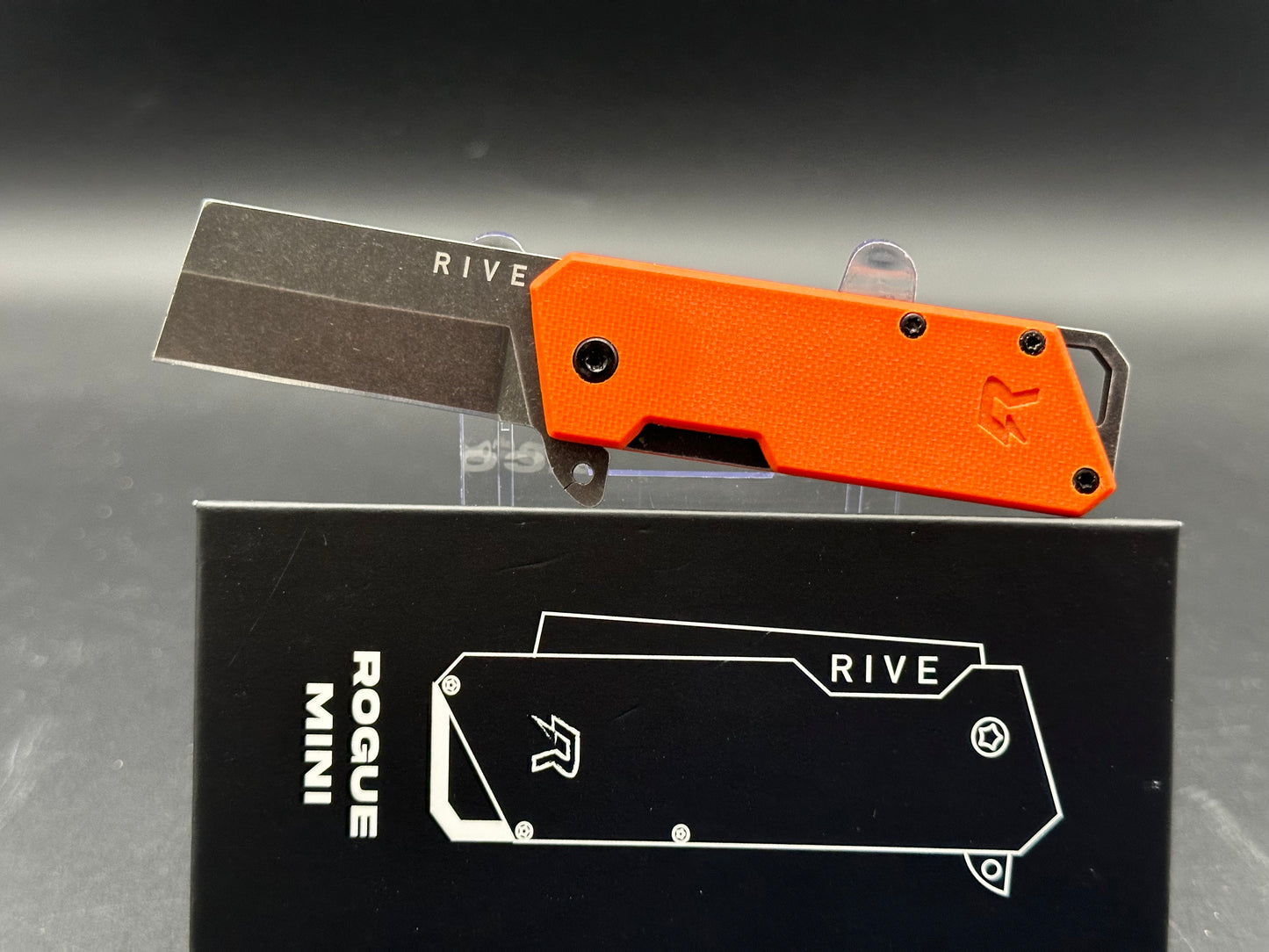 Rive Mini Rogue Fission, 2" AUS-8A Blackwash Blade with Orange G10 Handle