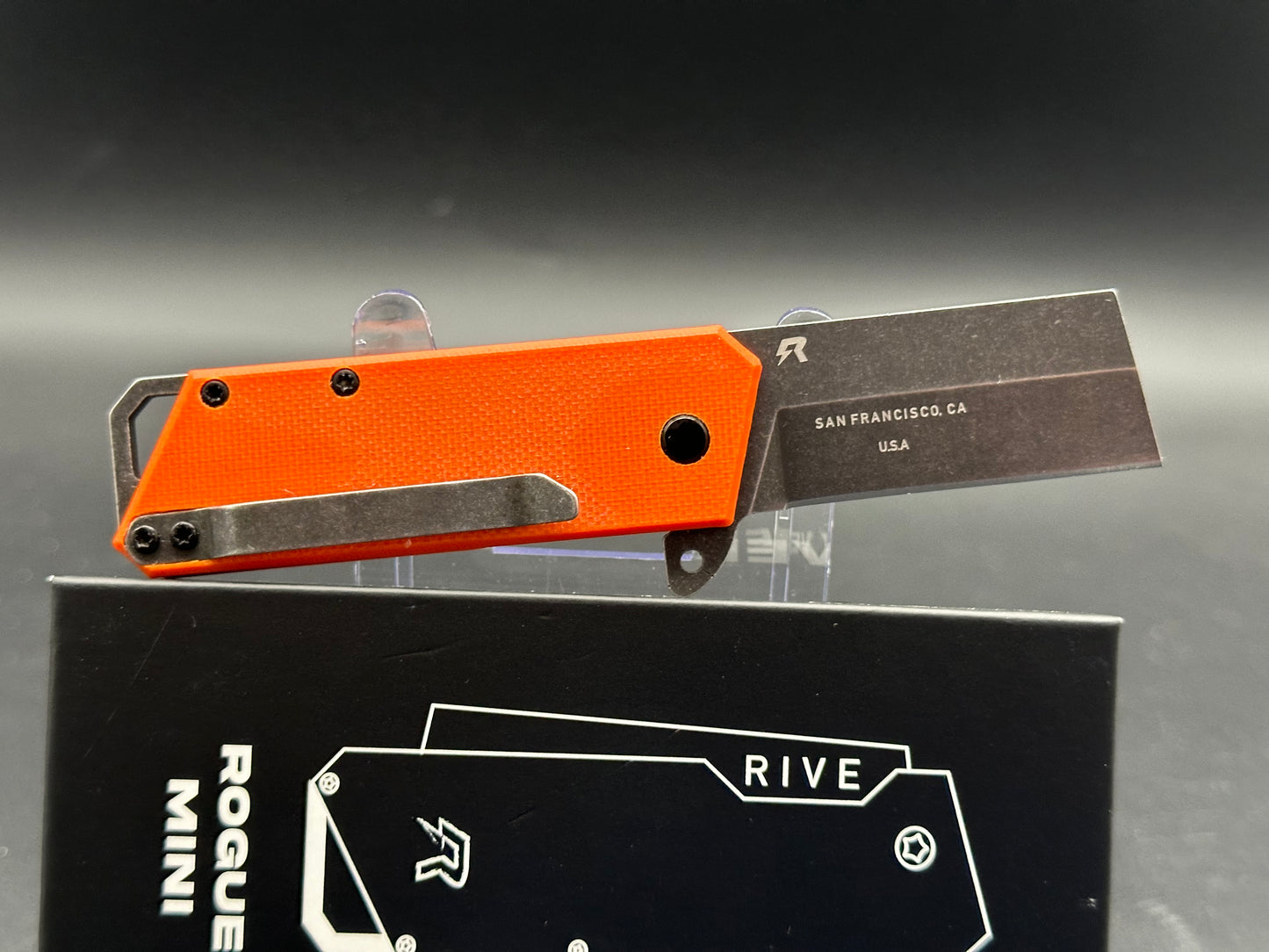 Rive Mini Rogue Fission, 2" AUS-8A Blackwash Blade with Orange G10 Handle