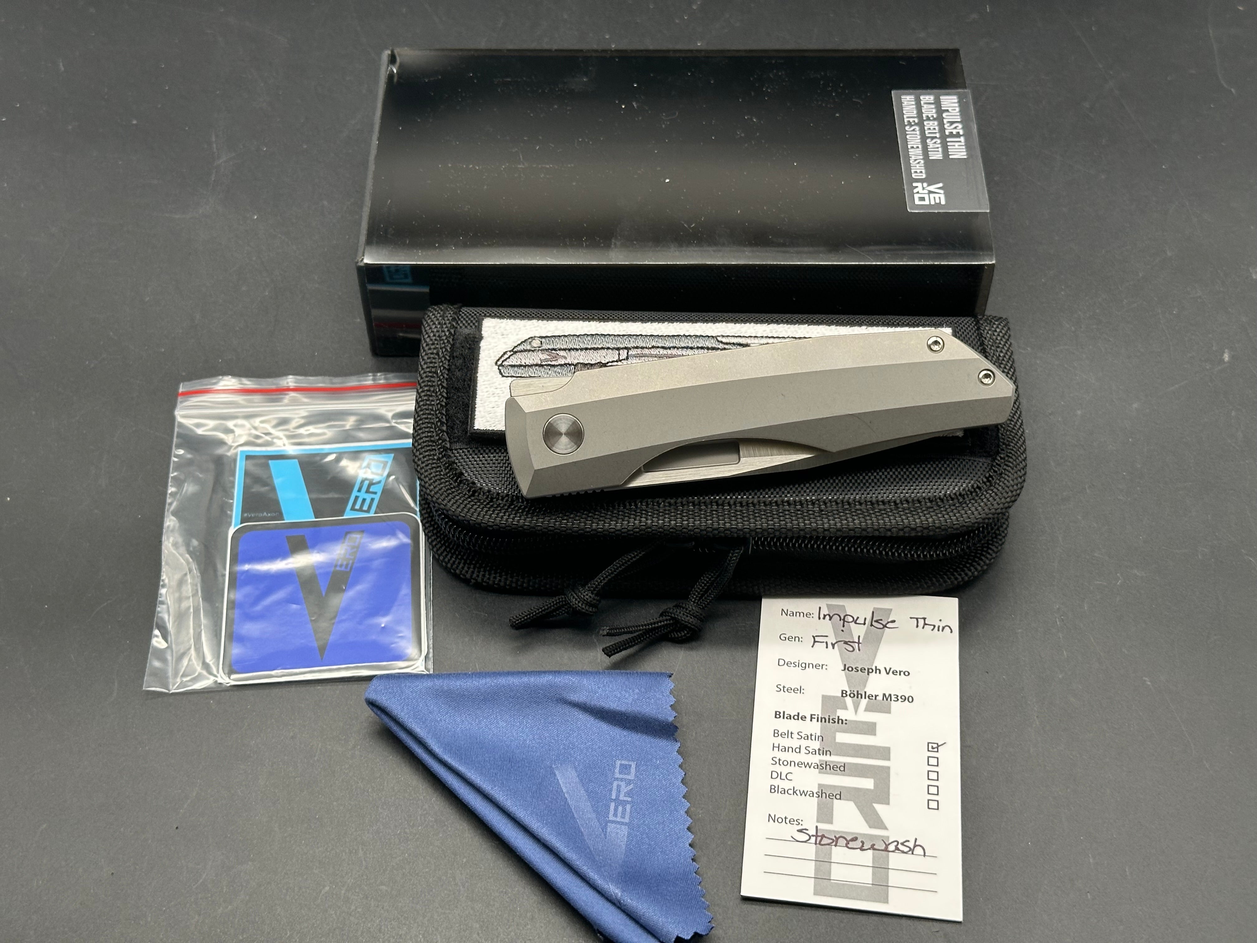 Vero Impulse Thin Drop Point #041, Belt Satin M390 Blade, Stonewashed Ti Handles