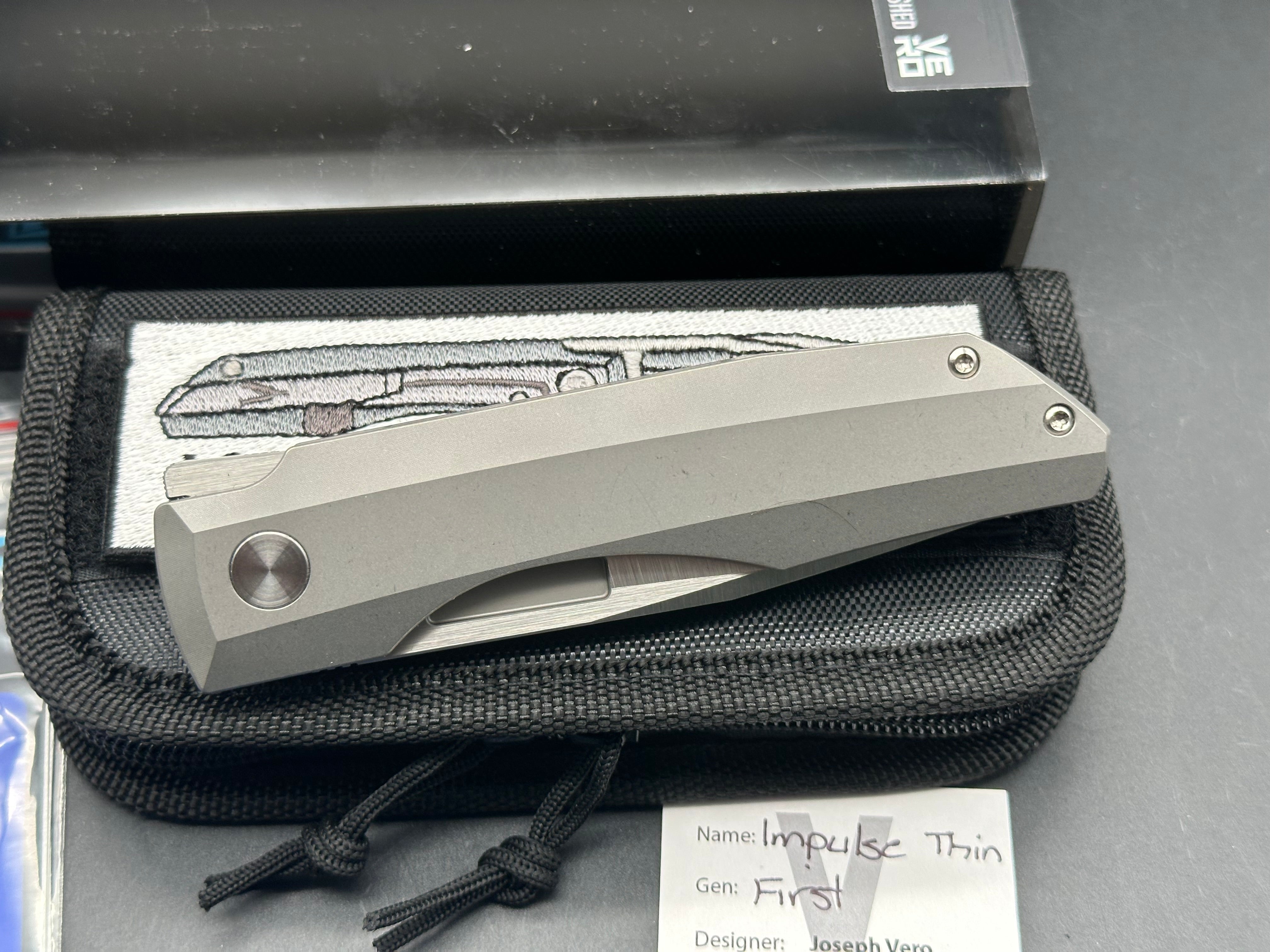 Vero Impulse Thin Drop Point #041, Belt Satin M390 Blade, Stonewashed Ti Handles
