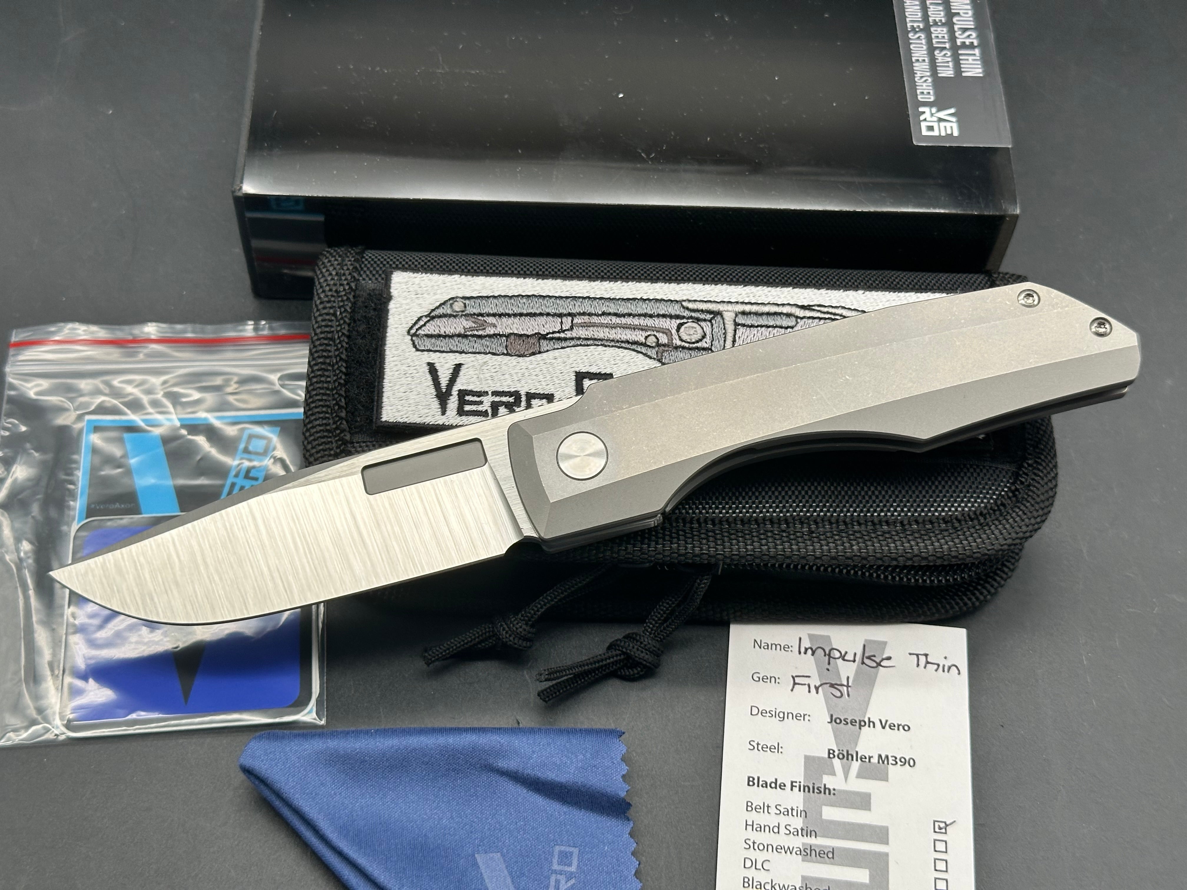 Vero Impulse Thin Drop Point #041, Belt Satin M390 Blade, Stonewashed Ti Handles