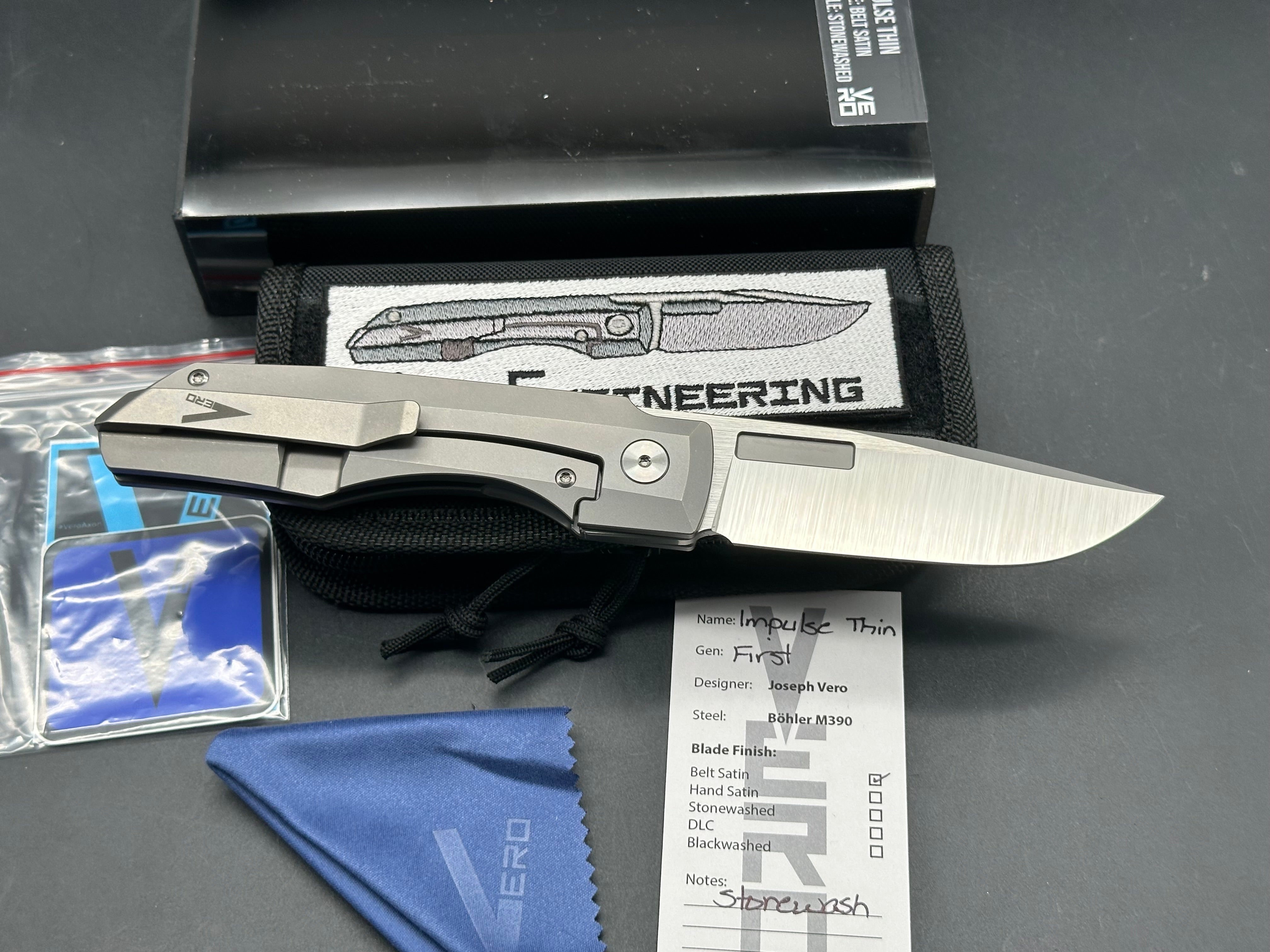 Vero Impulse Thin Drop Point #041, Belt Satin M390 Blade, Stonewashed Ti Handles