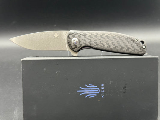 Kizer Gemini CF, 3.125" S35VN Stonewash Blade with Carbon FIber Handle