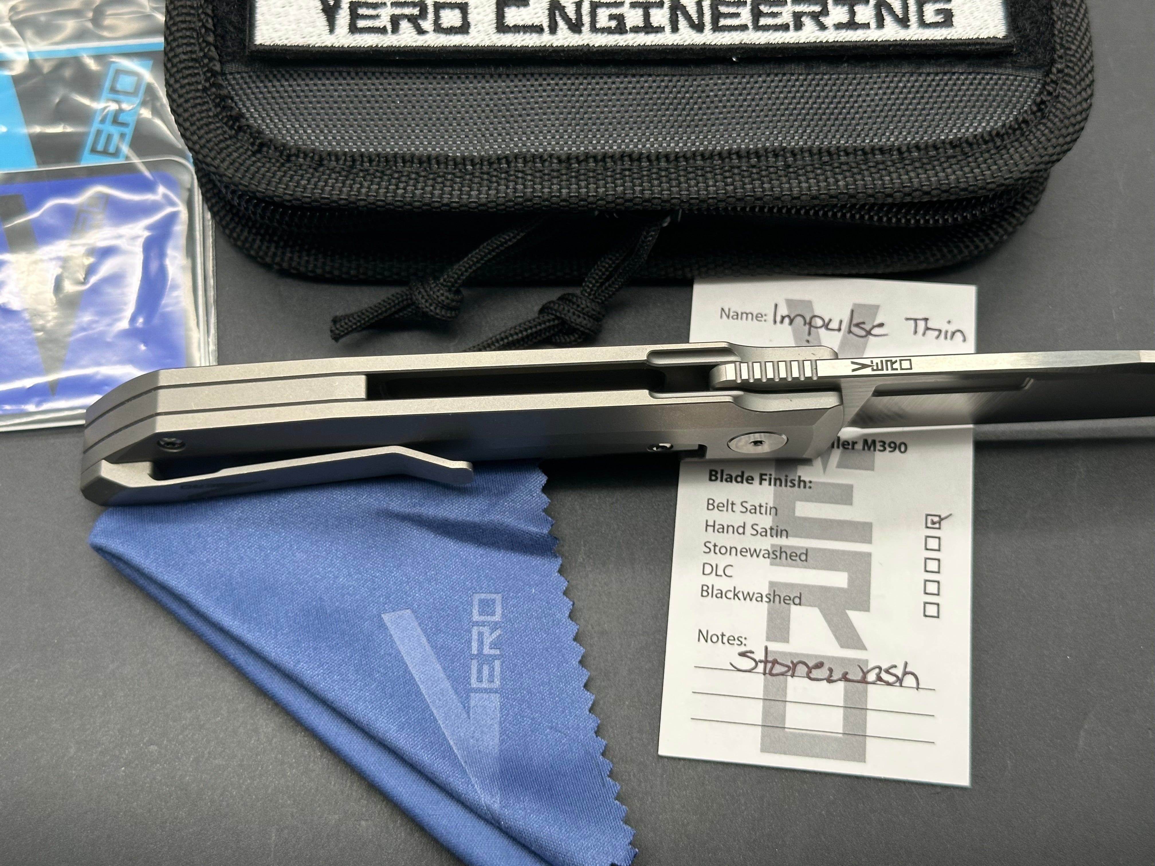 Vero Impulse Thin Drop Point #041, Belt Satin M390 Blade, Stonewashed Ti Handles