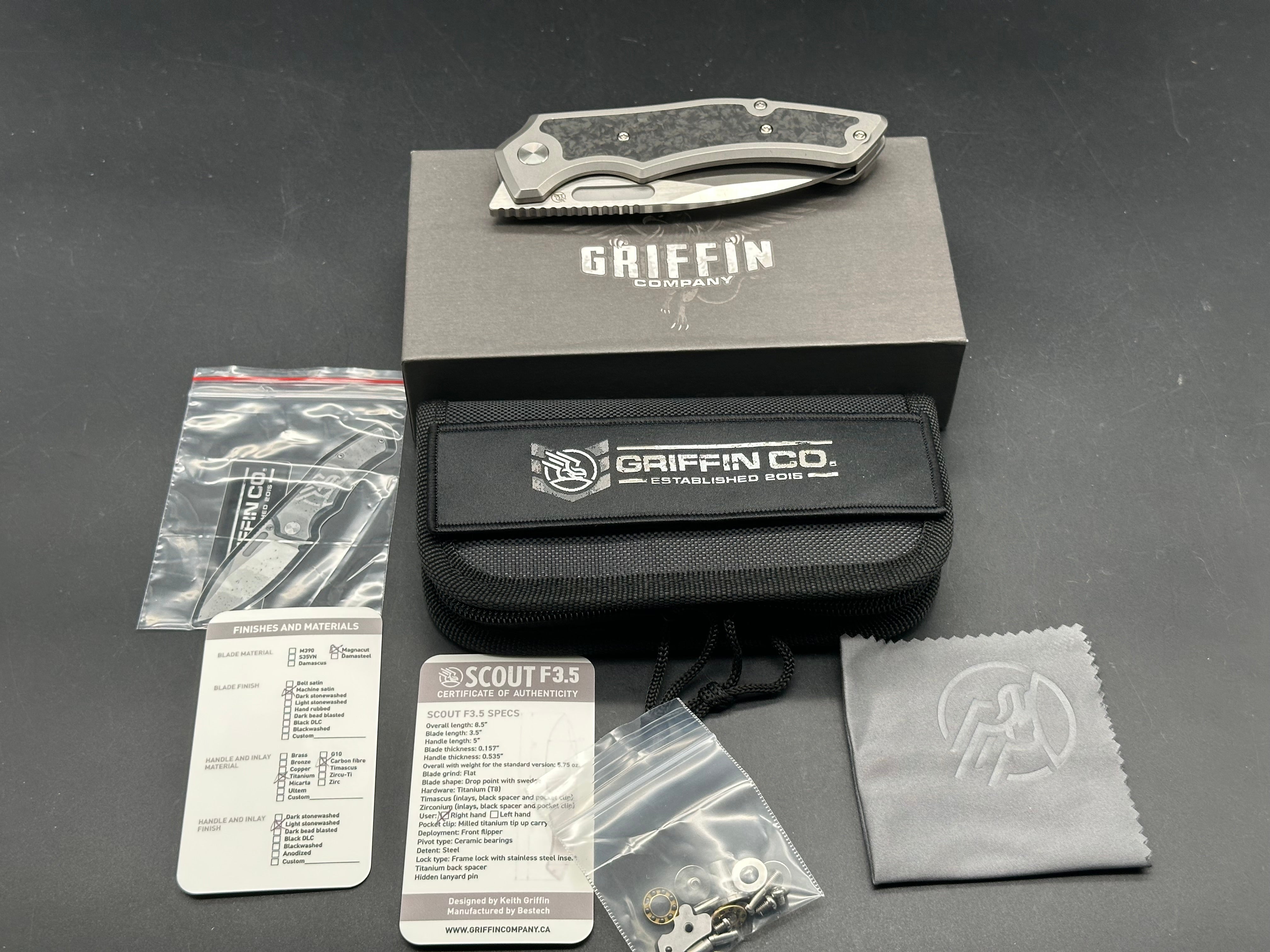 Griffin Company Scout F3.5, Belt Satin CPM Magnacut Blade, Stonewashed Ti Handles