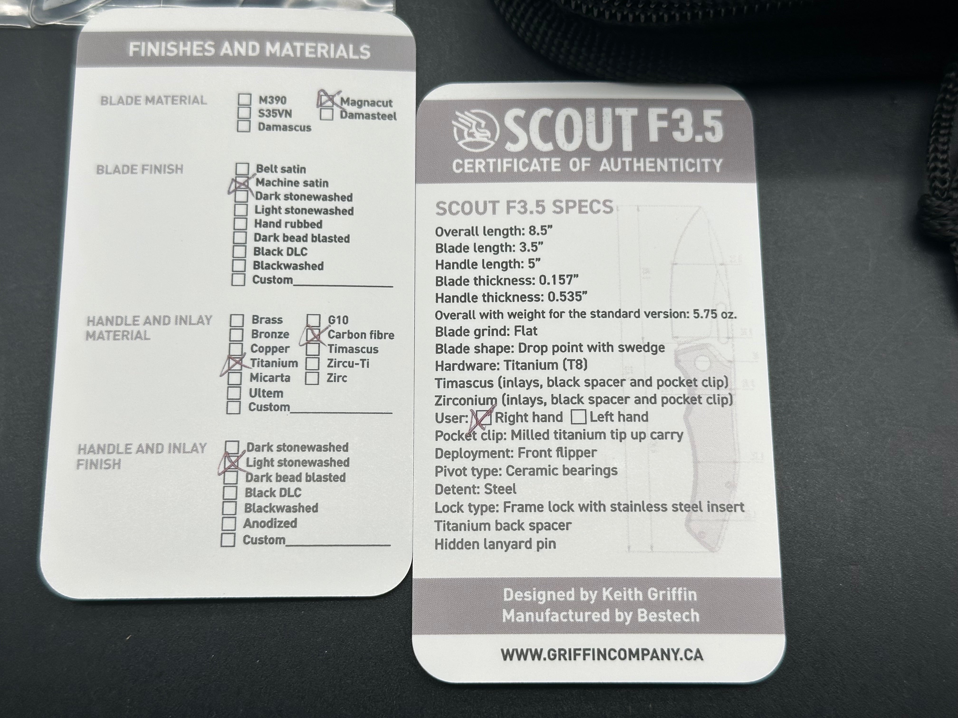 Griffin Company Scout F3.5, Belt Satin CPM Magnacut Blade, Stonewashed Ti Handles