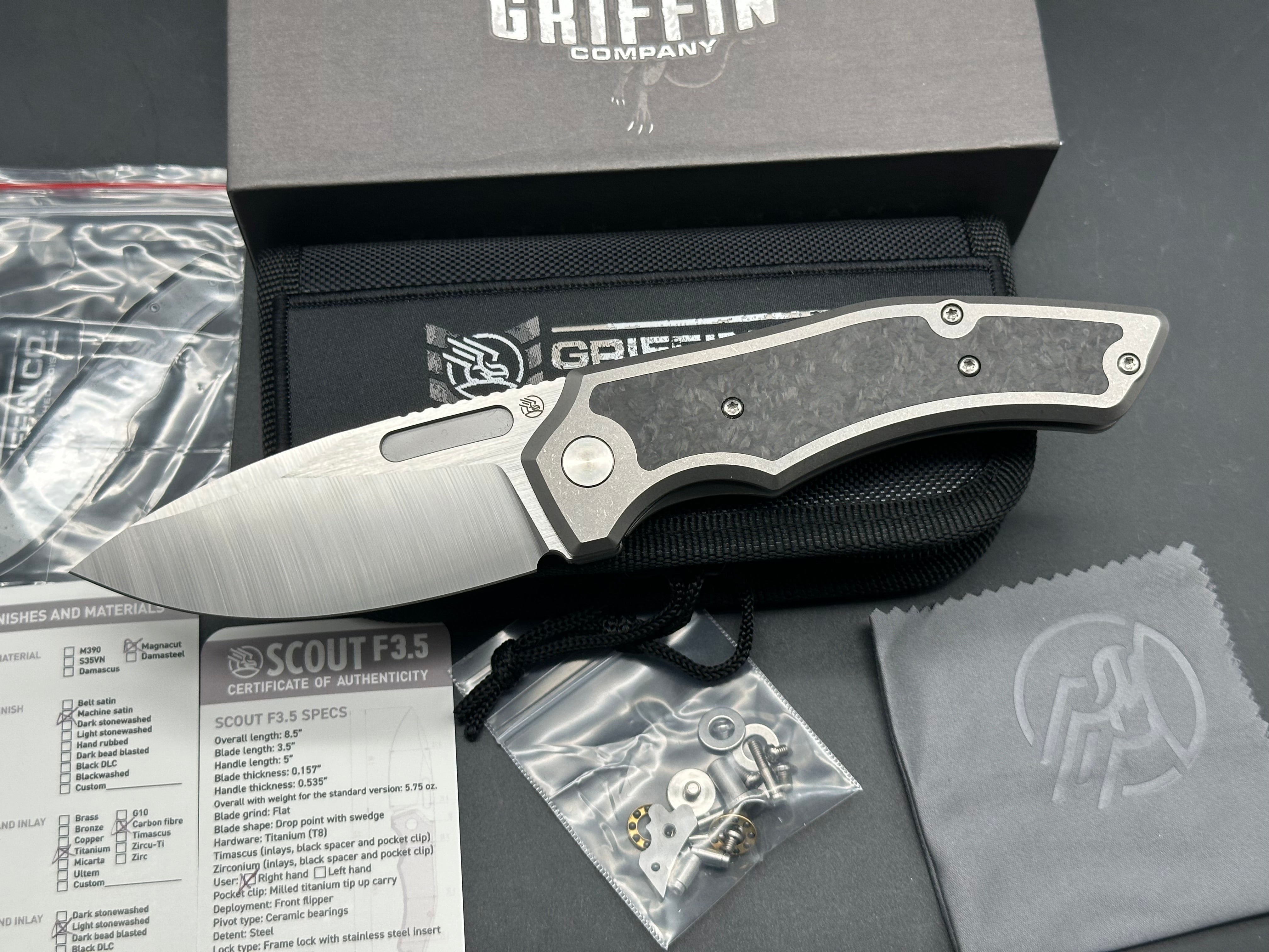 Griffin Company Scout F3.5, Belt Satin CPM Magnacut Blade, Stonewashed Ti Handles