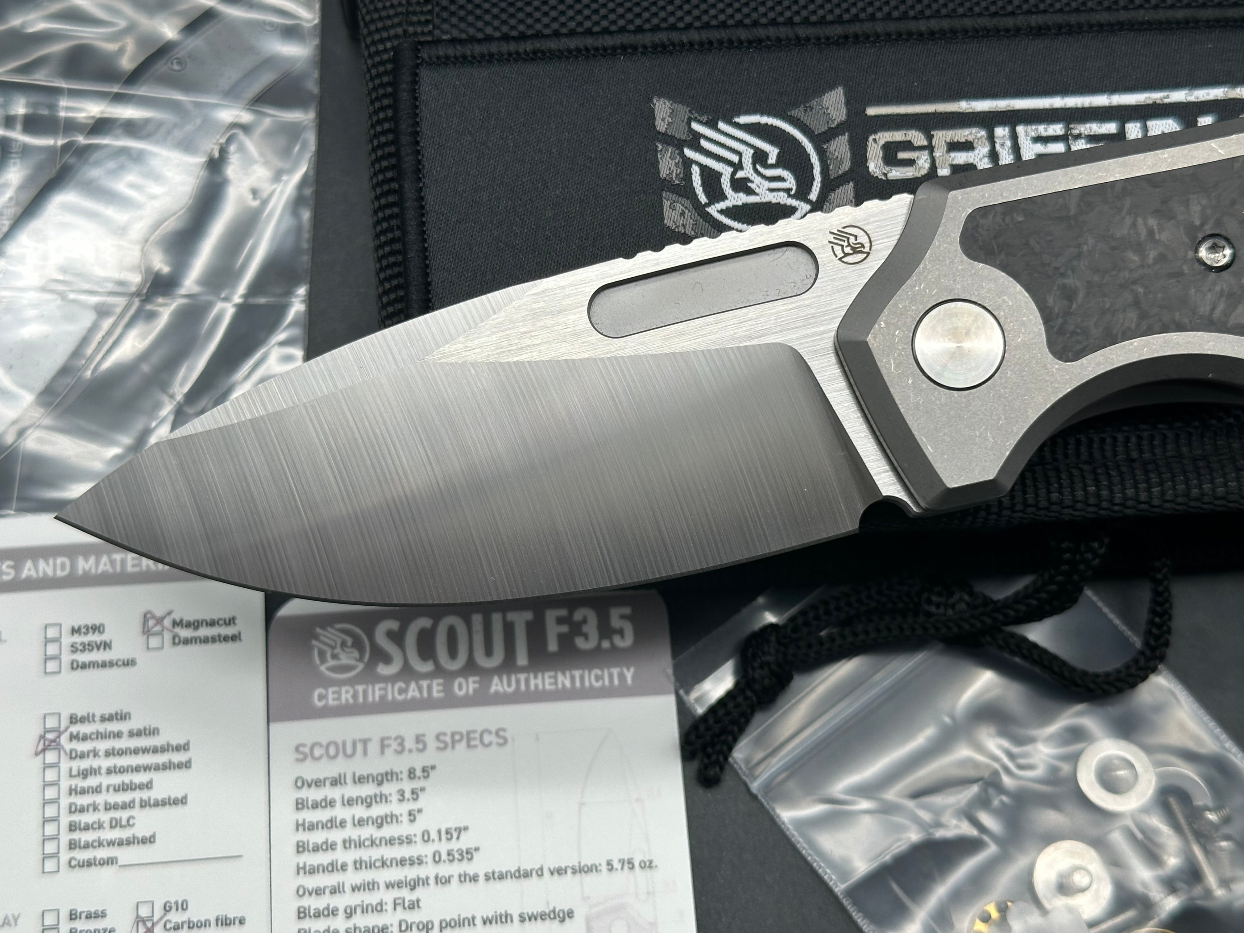 Griffin Company Scout F3.5, Belt Satin CPM Magnacut Blade, Stonewashed Ti Handles