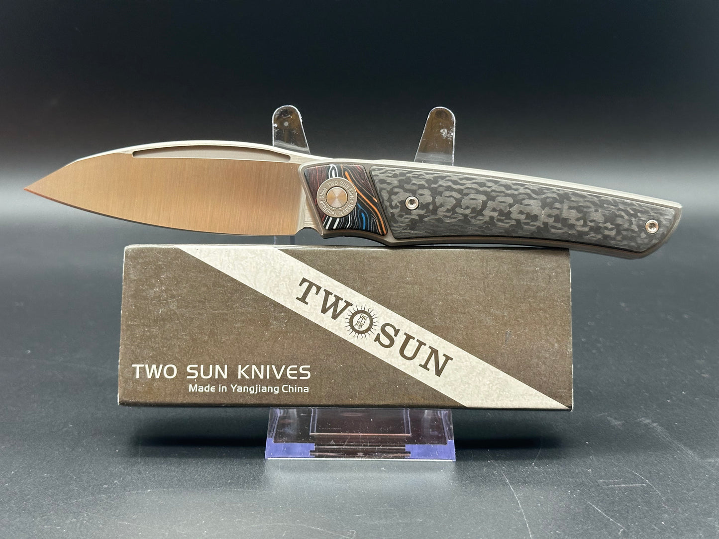 TWOSUN FOLDING KNIFE BLACK G10/CARBON FIBER HANDLE M390 PLAIN EDGE TS344-M390