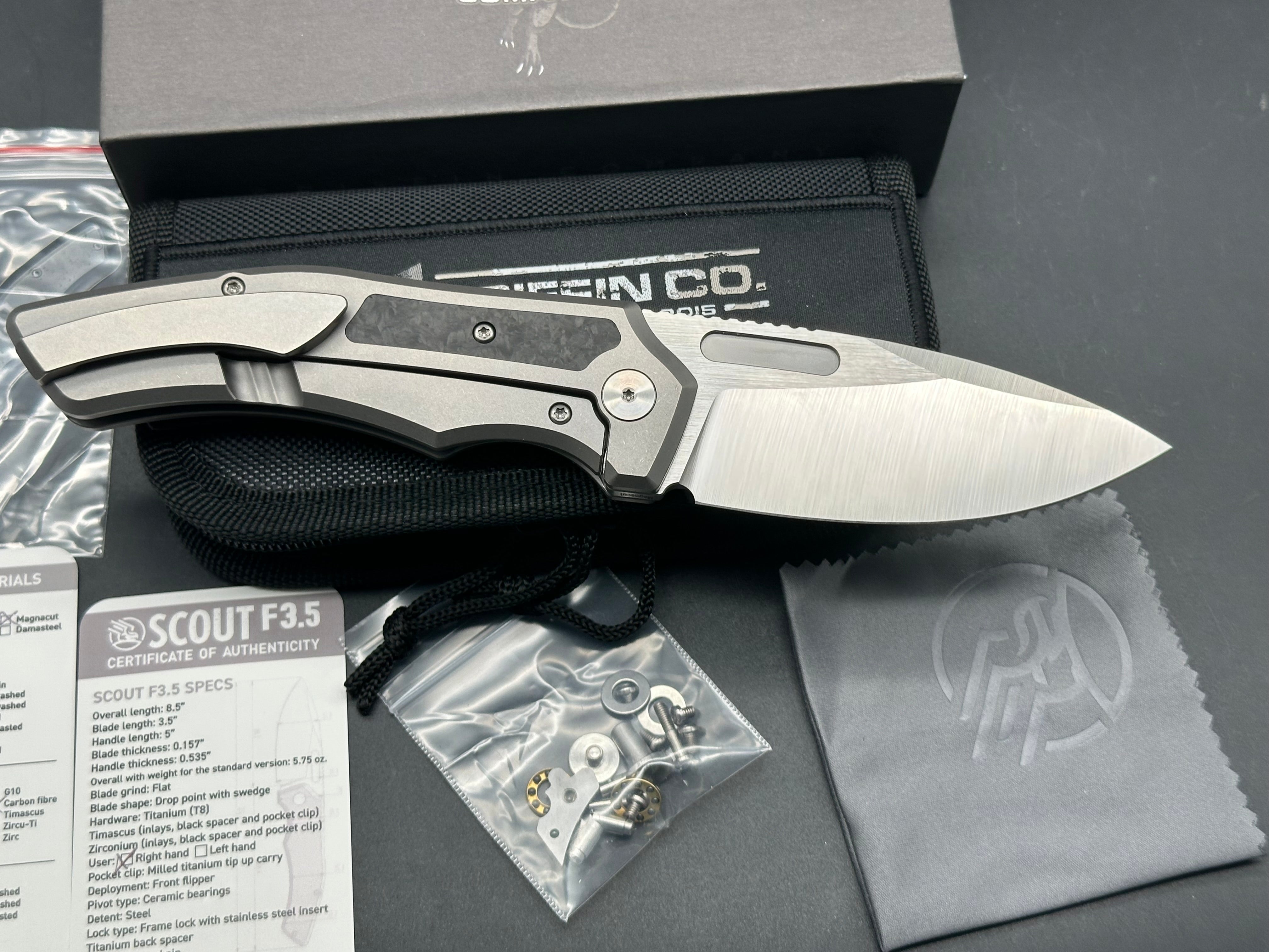 Griffin Company Scout F3.5, Belt Satin CPM Magnacut Blade, Stonewashed Ti Handles