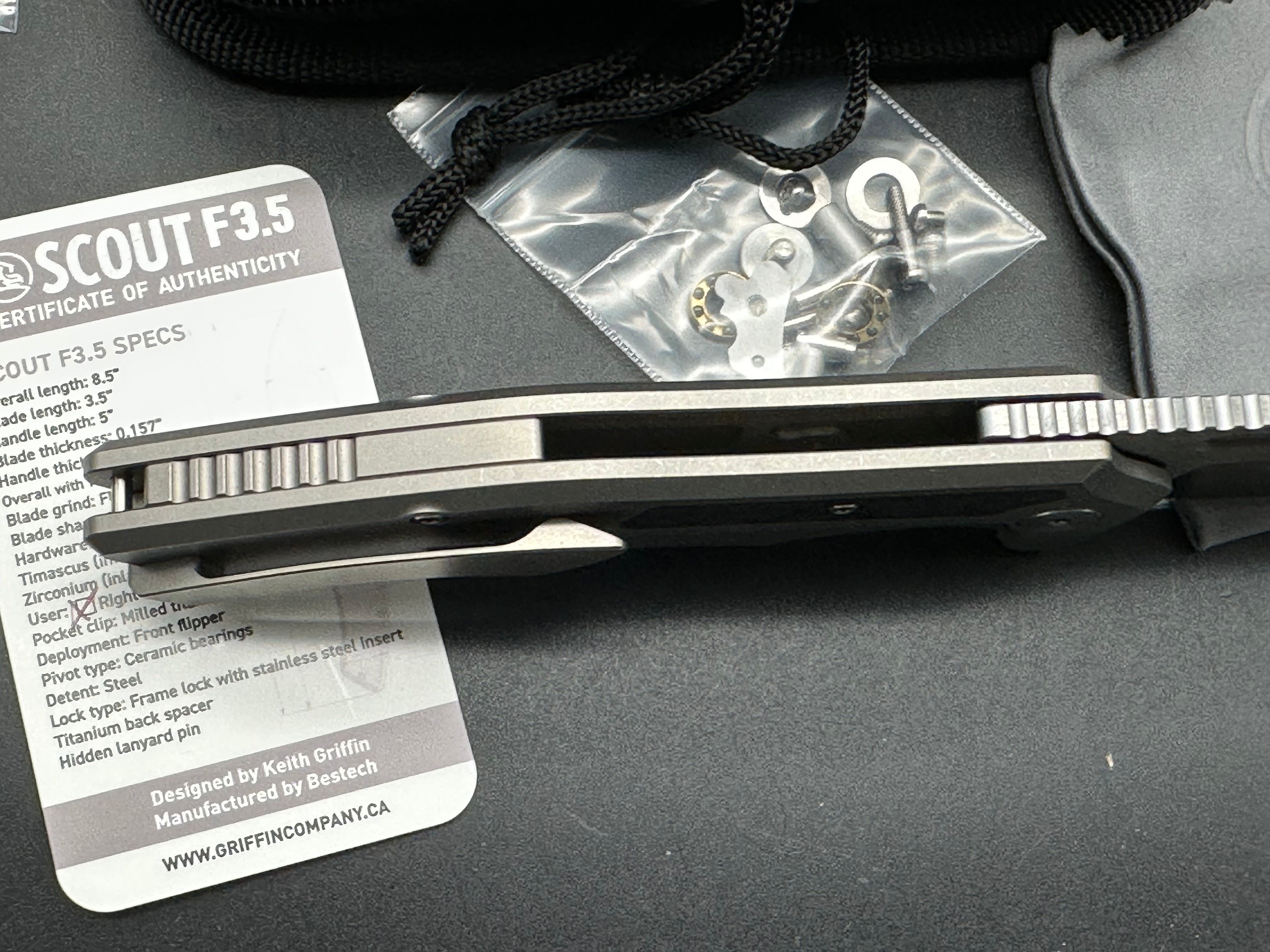 Griffin Company Scout F3.5, Belt Satin CPM Magnacut Blade, Stonewashed Ti Handles